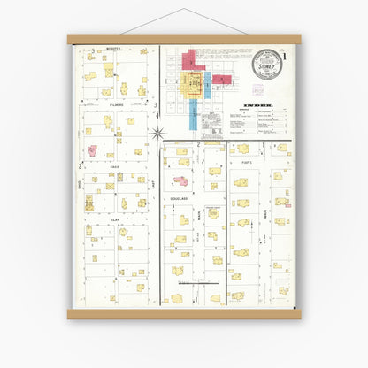 Old map wall art mockup — magnetic wood frame on white wall — Sanborn Fire Insurance Map from Sidney, Fremont County, Iowa (1908) â€” Complete Set