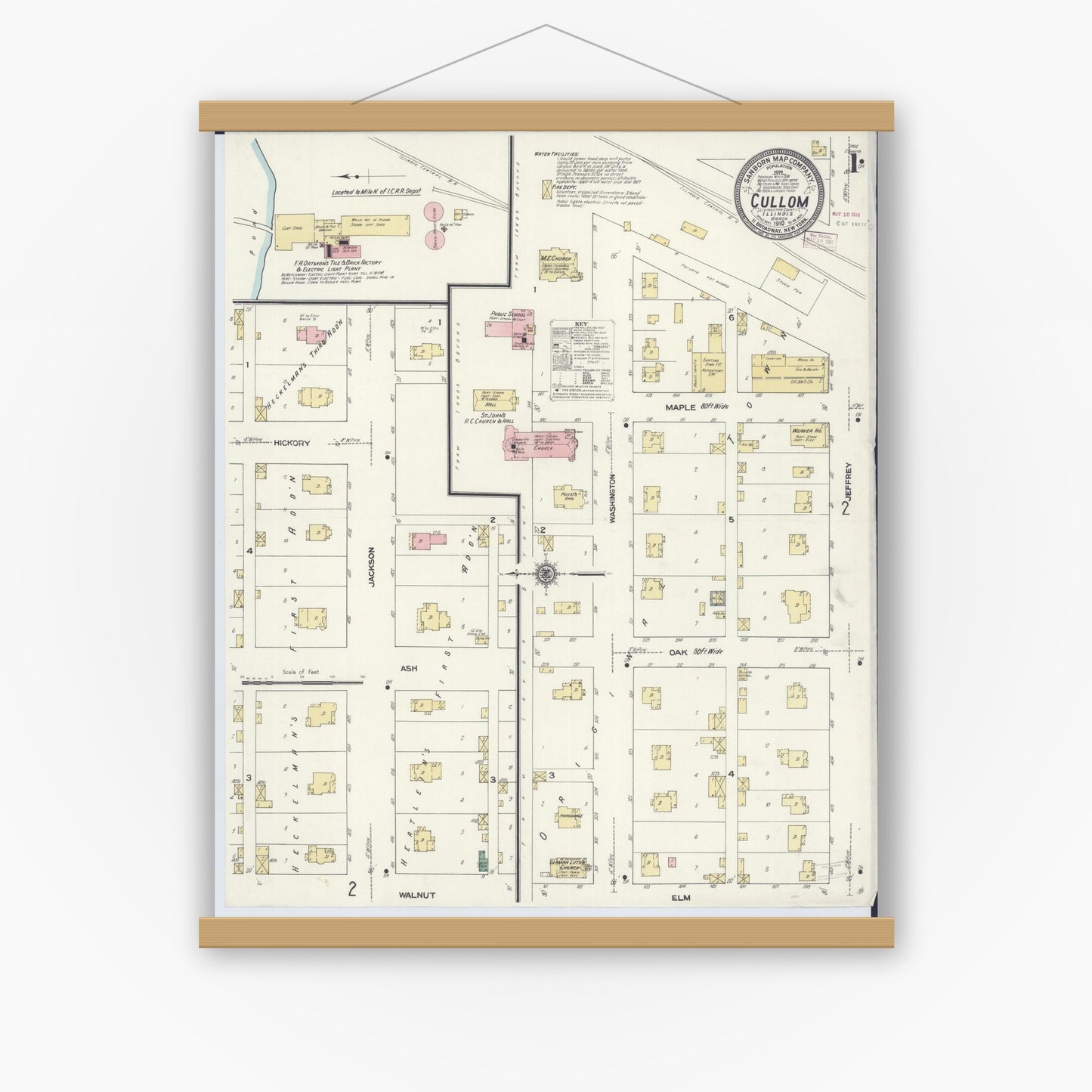 Old map wall art mockup — magnetic wood frame on white wall — Sanborn Fire Insurance Map from Cullom, Livingston County, Illinois (1910), Sheet #0001