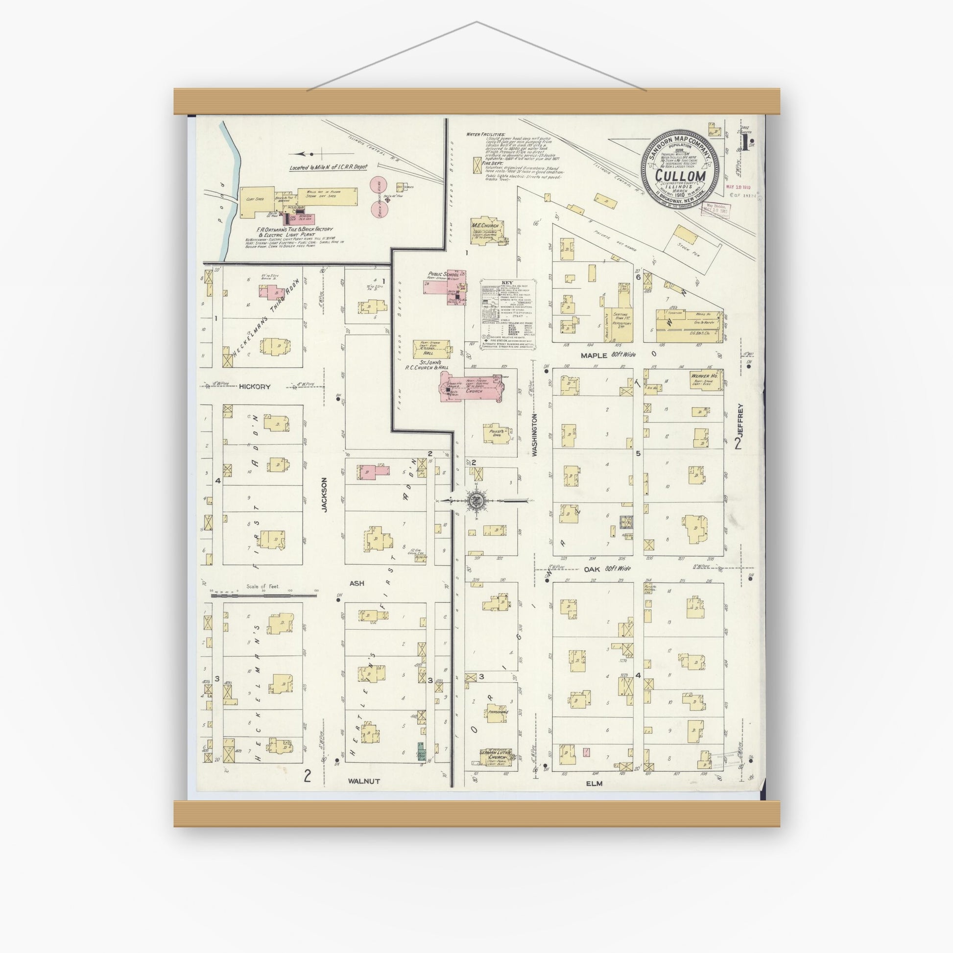 Old map wall art mockup — magnetic wood frame on white wall — Sanborn Fire Insurance Map from Cullom, Livingston County, Illinois (1910), Sheet #0001