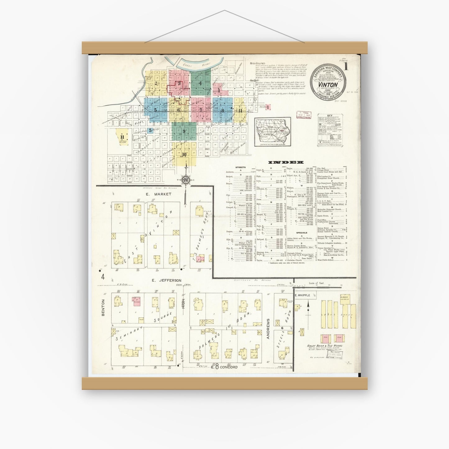 Old map wall art mockup — magnetic wood frame on white wall — Sanborn Fire Insurance Map from Vinton, Benton County, Iowa (1913), Sheet #0001