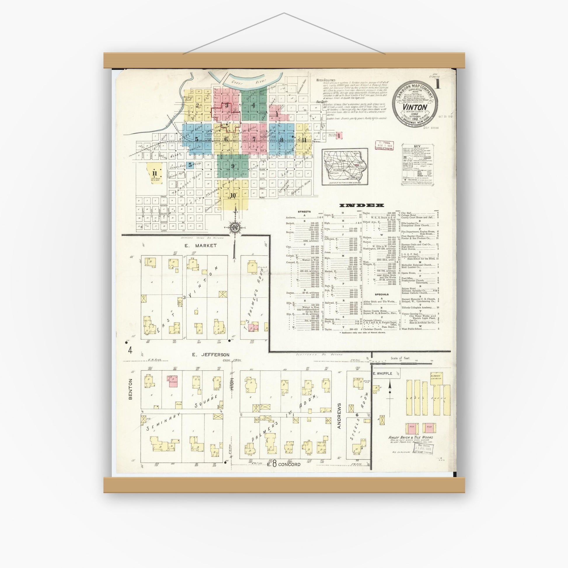 Old map wall art mockup — magnetic wood frame on white wall — Sanborn Fire Insurance Map from Vinton, Benton County, Iowa (1913), Sheet #0001