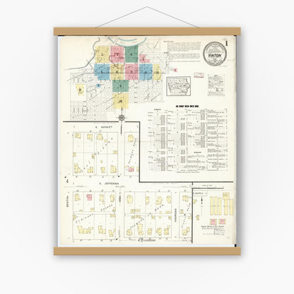 Old map wall art mockup — magnetic wood frame on white wall — Sanborn Fire Insurance Map from Vinton, Benton County, Iowa (1913), Sheet #0001