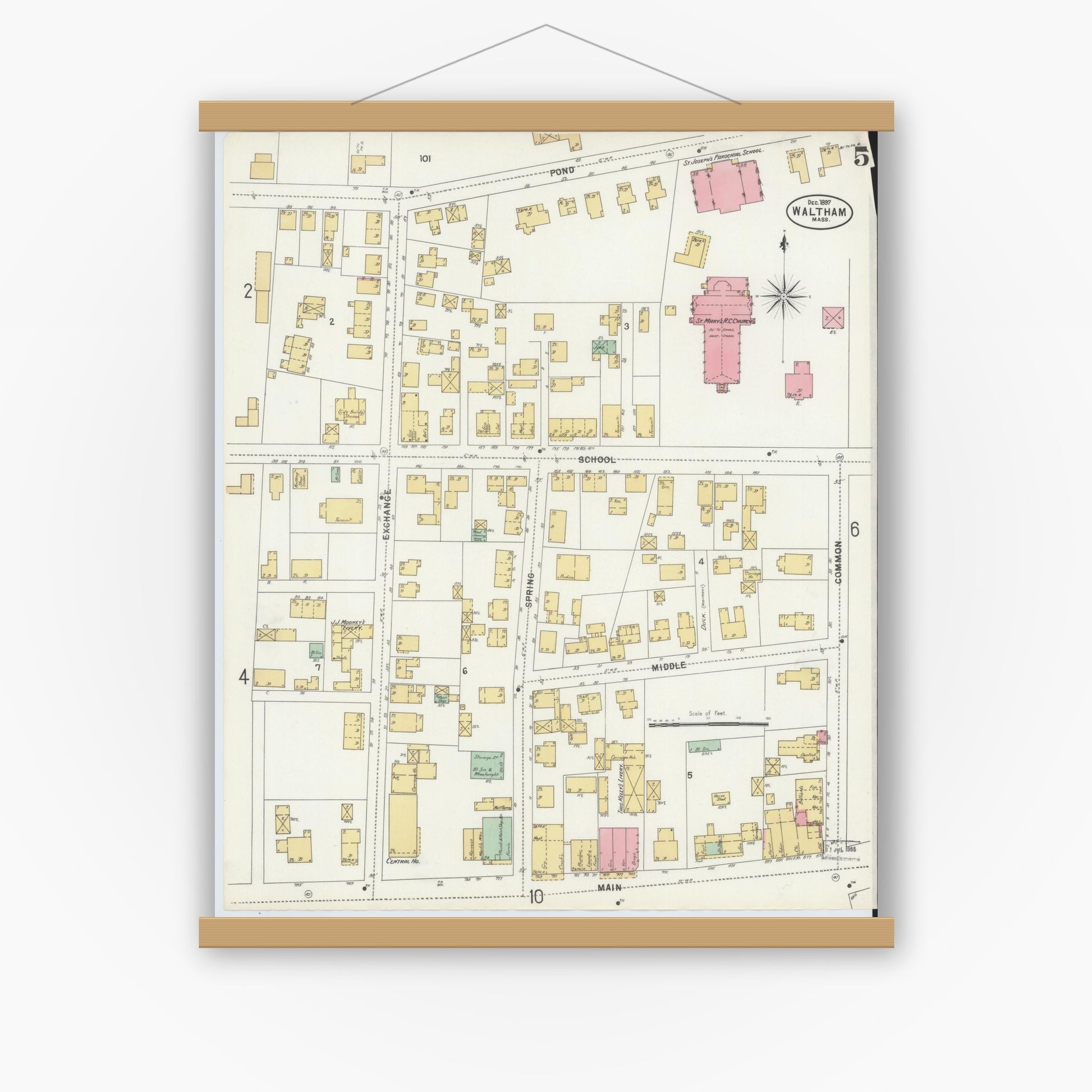 Old map wall art mockup — magnetic wood frame on white wall — Sanborn Fire Insurance Map from Waltham, Middlesex County, Massachusetts (1897), Sheet #0005
