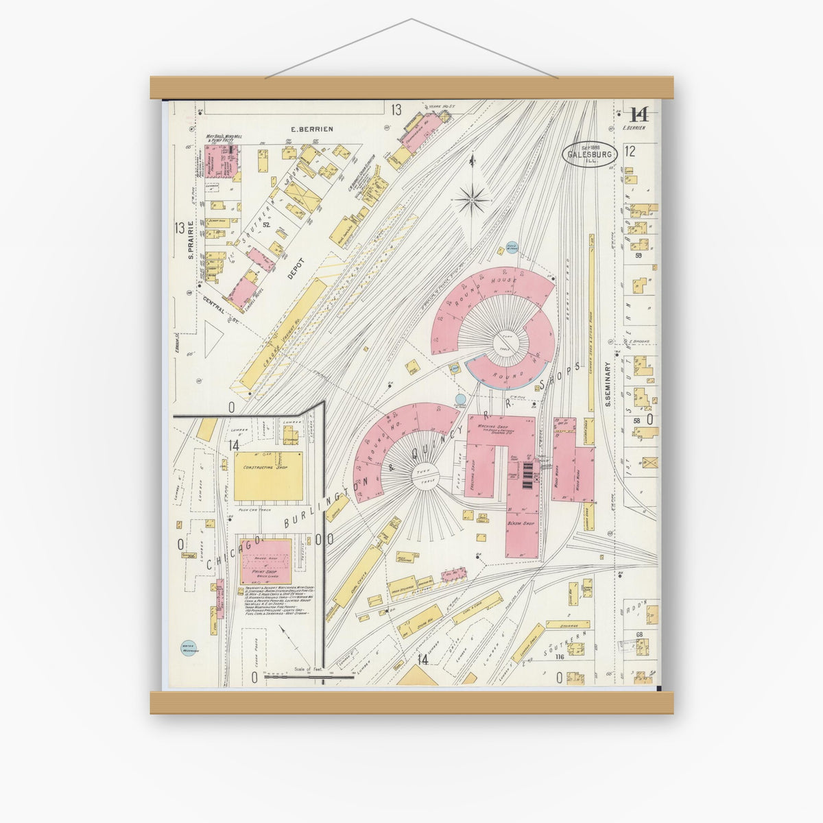 Old map wall art mockup — magnetic wood frame on white wall — Sanborn Fire Insurance Map from Galesburg, Knox County, Illinois (1898), Sheet #0014