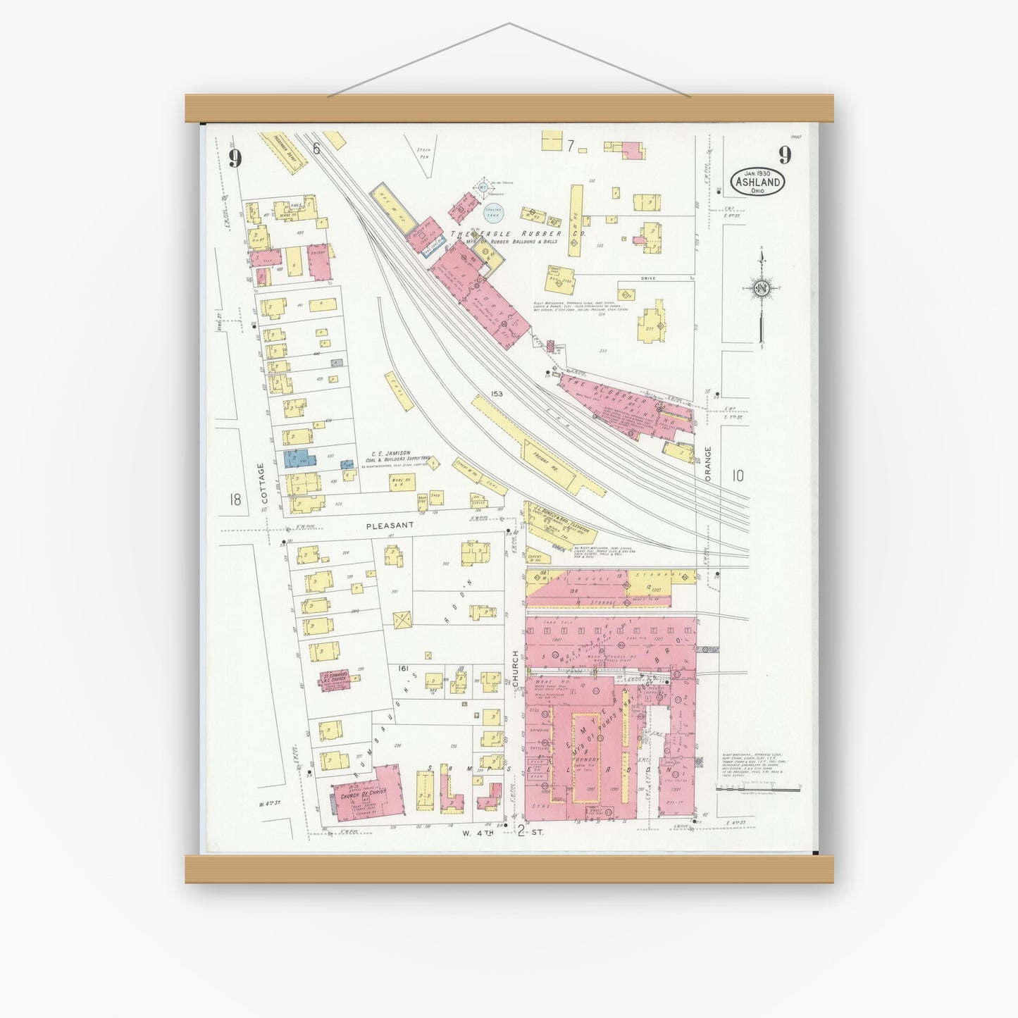 Old map wall art mockup — magnetic wood frame on white wall — Sanborn Fire Insurance Map from Ashland, Ashland County, Ohio (1930), Sheet #0009