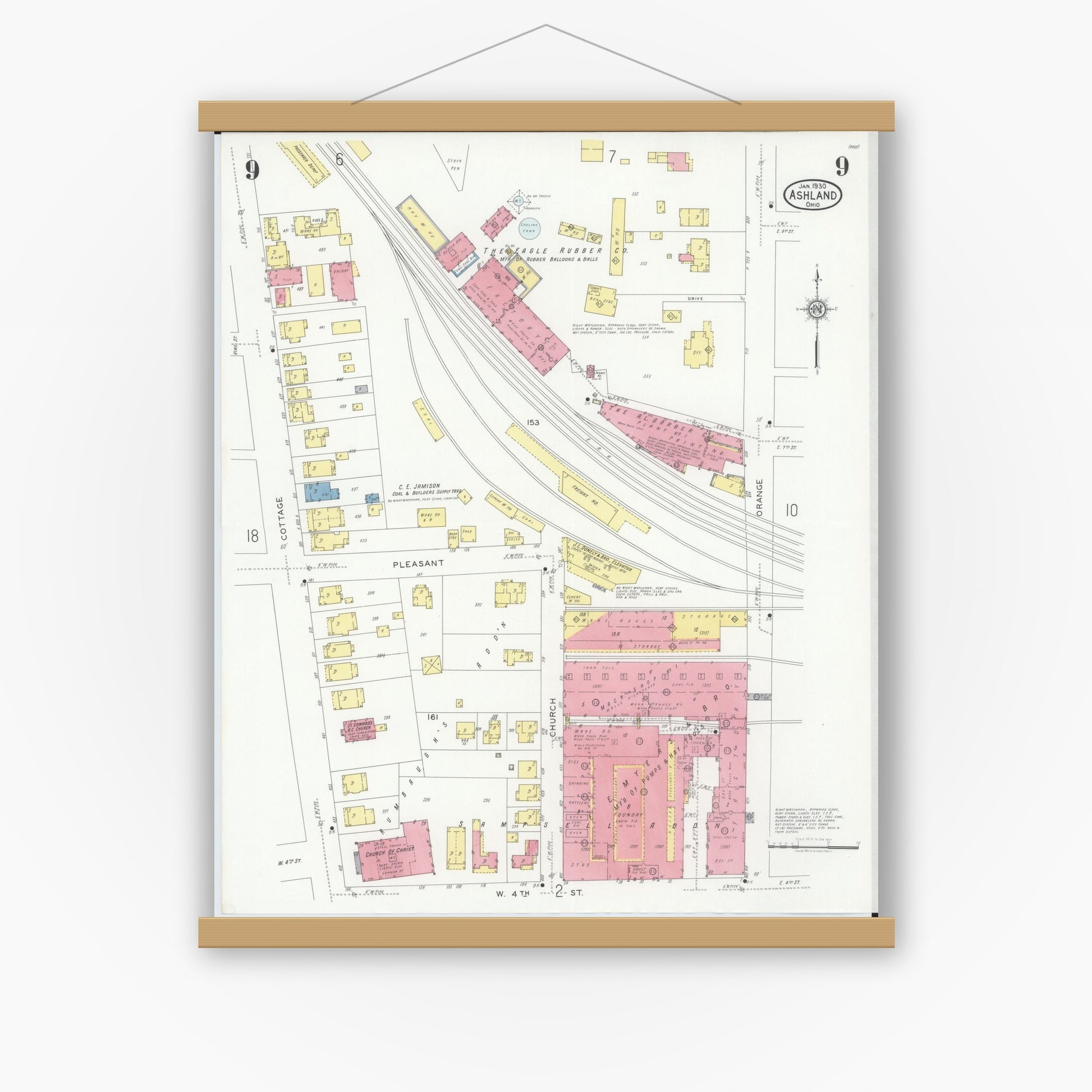Old map wall art mockup — magnetic wood frame on white wall — Sanborn Fire Insurance Map from Ashland, Ashland County, Ohio (1930), Sheet #0009