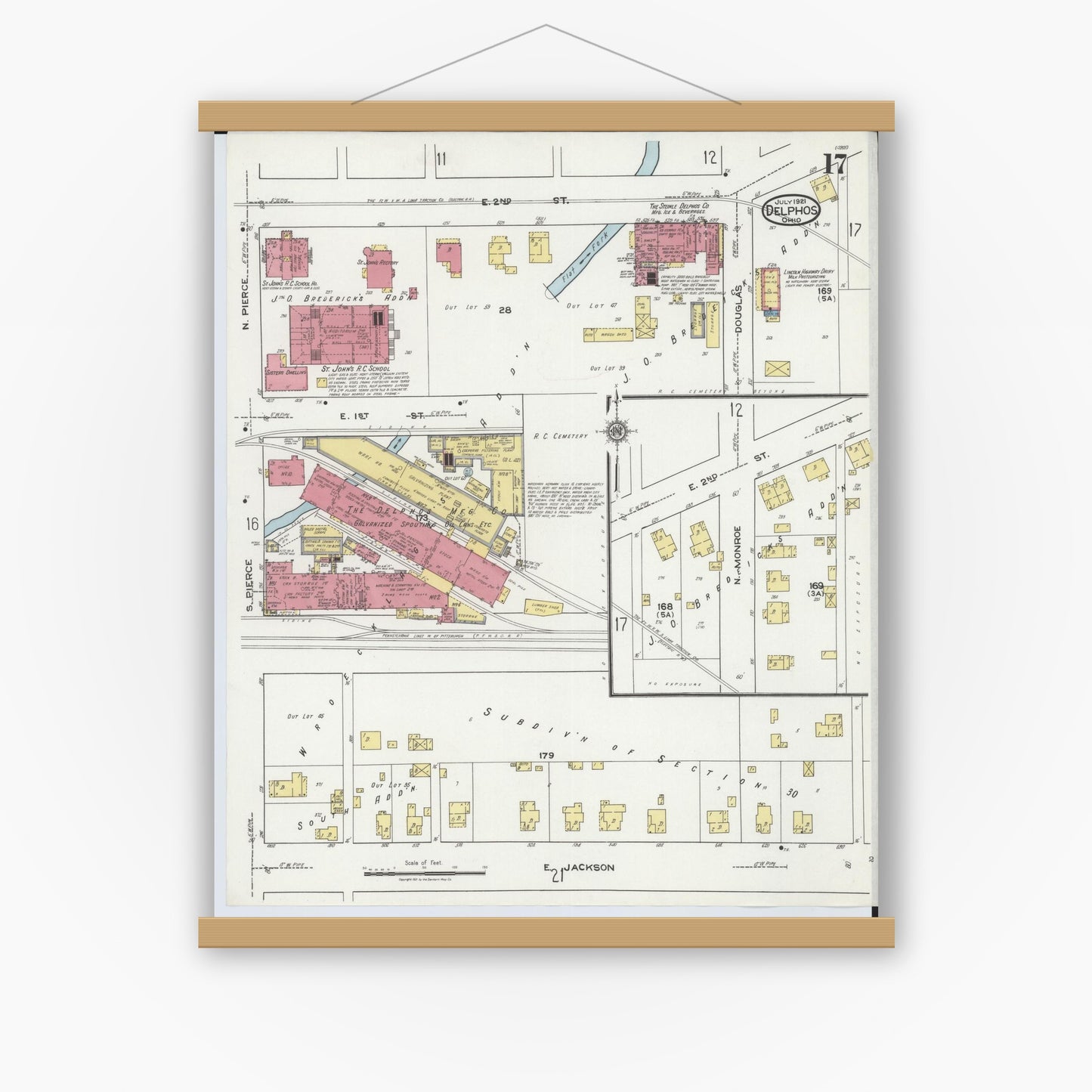 Old map wall art mockup — magnetic wood frame on white wall — Sanborn Fire Insurance Map from Delphos, Van Wert And Allen Counties, Ohio (1921), Sheet #0017