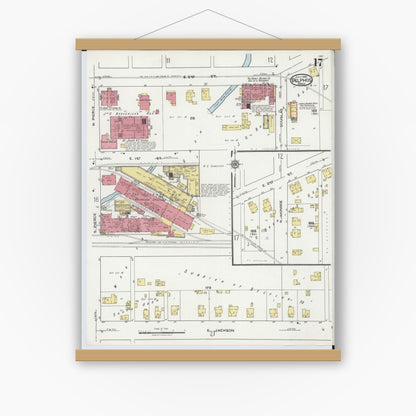 Old map wall art mockup — magnetic wood frame on white wall — Sanborn Fire Insurance Map from Delphos, Van Wert And Allen Counties, Ohio (1921), Sheet #0017