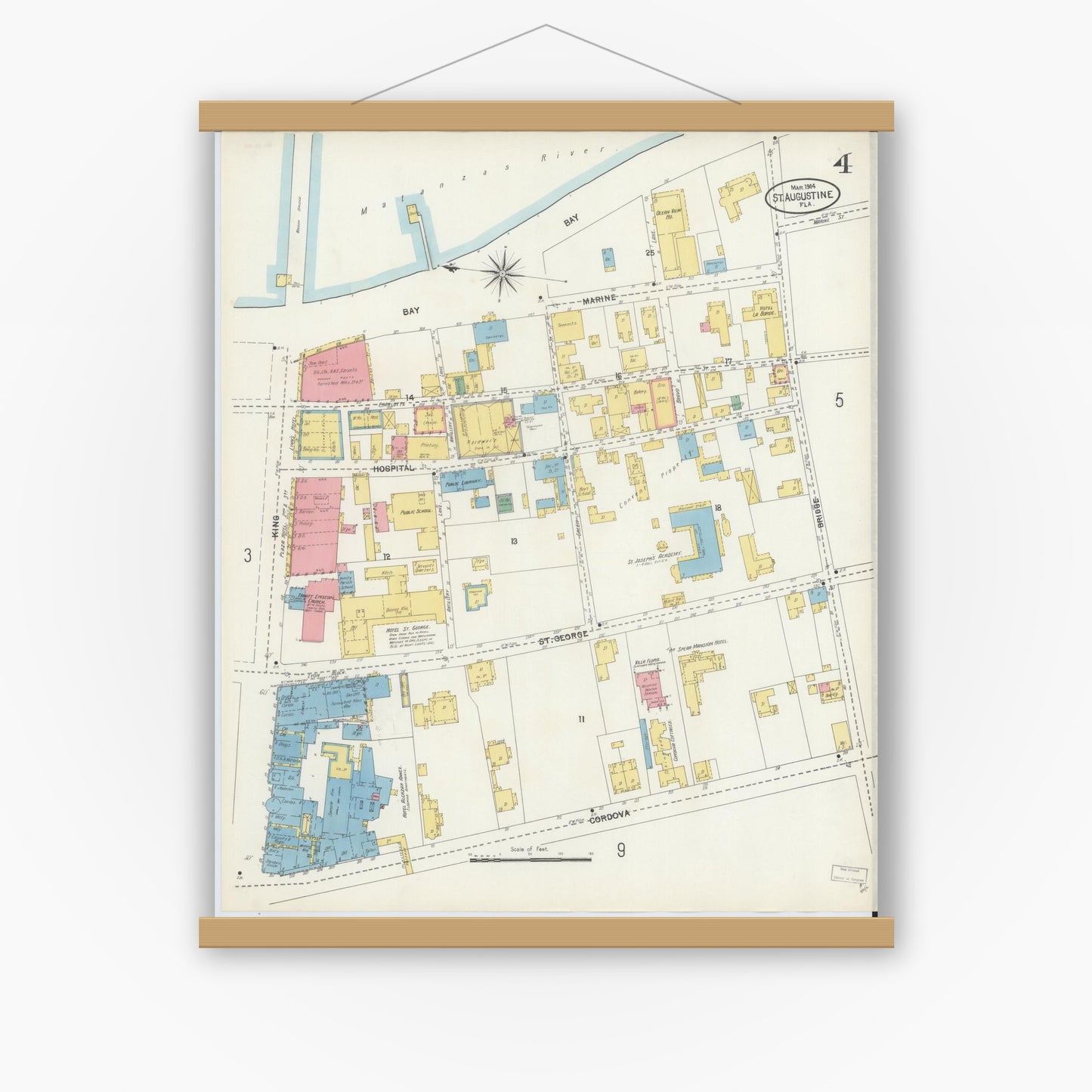Old map wall art mockup — magnetic wood frame on white wall — Sanborn Fire Insurance Map from Saint Augustine, Saint John's County, Florida (1904), Sheet #0004