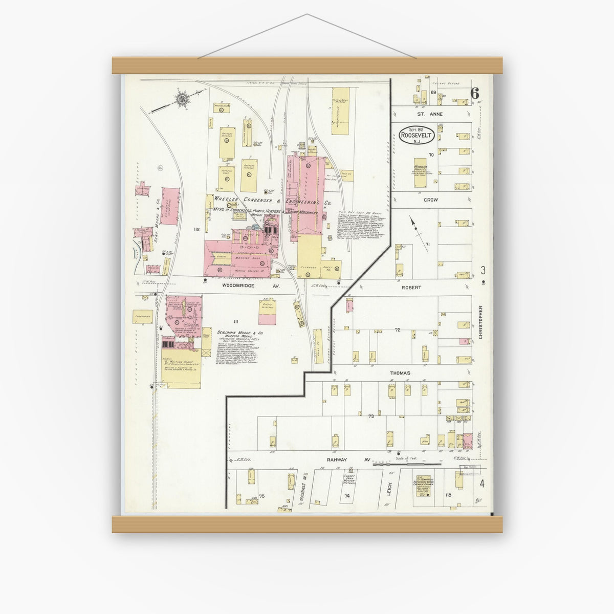 Old map wall art mockup — magnetic wood frame on white wall — Sanborn Fire Insurance Map from Roosevelt, Middlesex County, New Jersey (1912), Sheet #0006