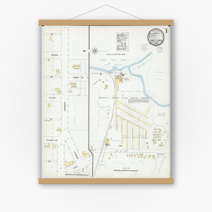 Old map wall art mockup — magnetic wood frame on white wall — Sanborn Fire Insurance Map from Three Lakes, Oneida County, Wisconsin (1901) - Complete Map Set