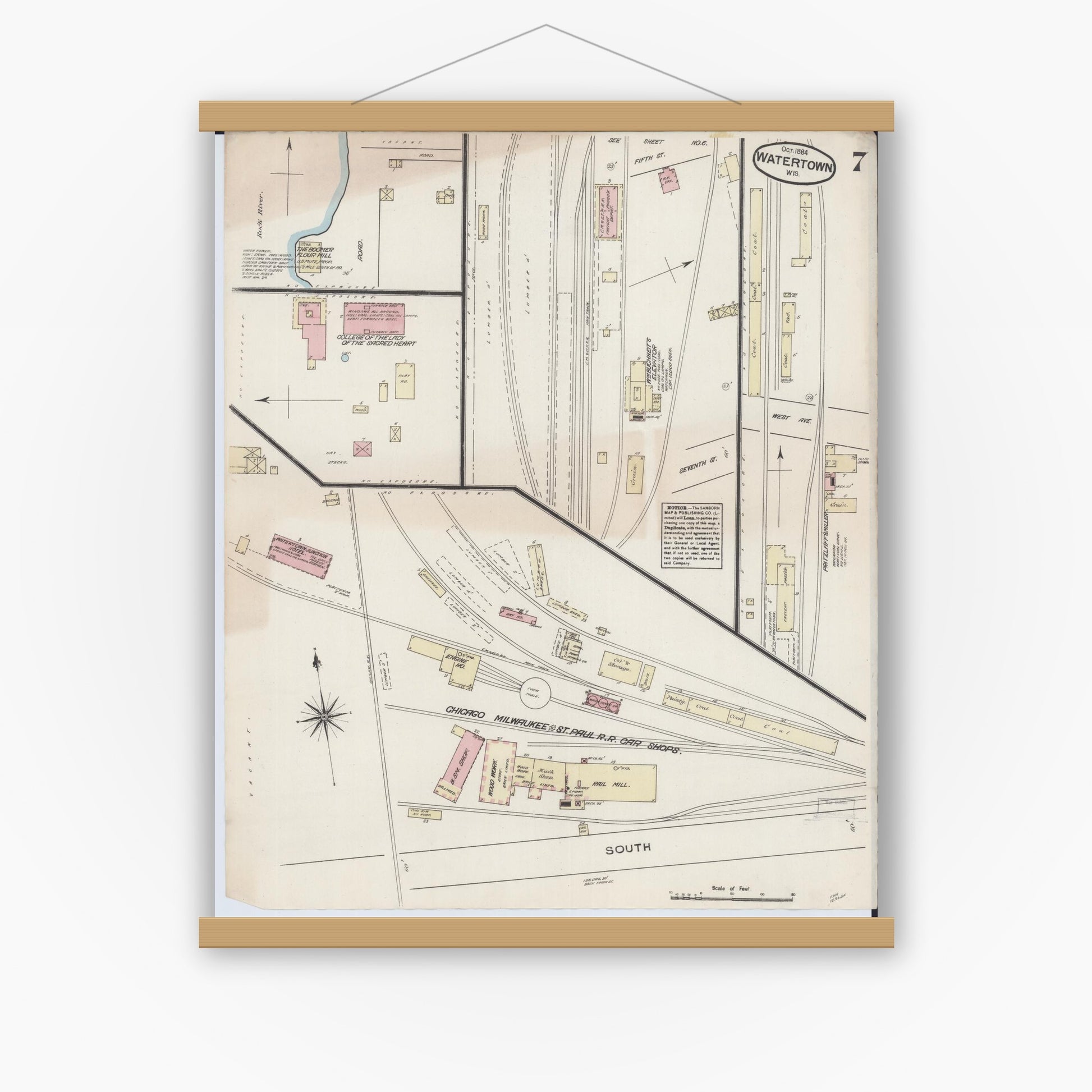 Old map wall art mockup — magnetic wood frame on white wall — Sanborn Fire Insurance Map from Watertown, Jefferson County, Wisconsin (1884), Sheet #0007