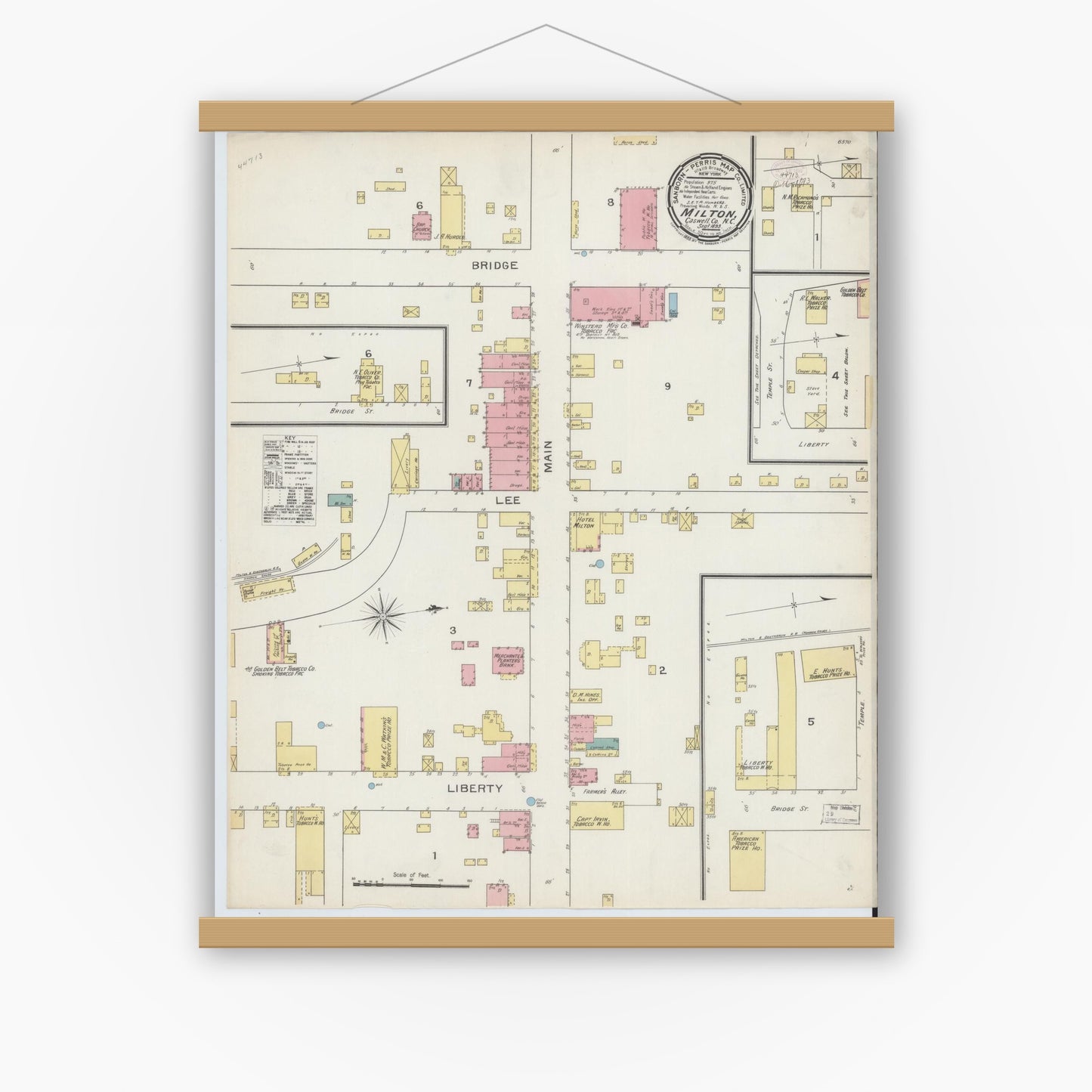 Old map wall art mockup — magnetic wood frame on white wall — Sanborn Fire Insurance Map from Milton, Caswell County, North Carolina (1893), Sheet #0001