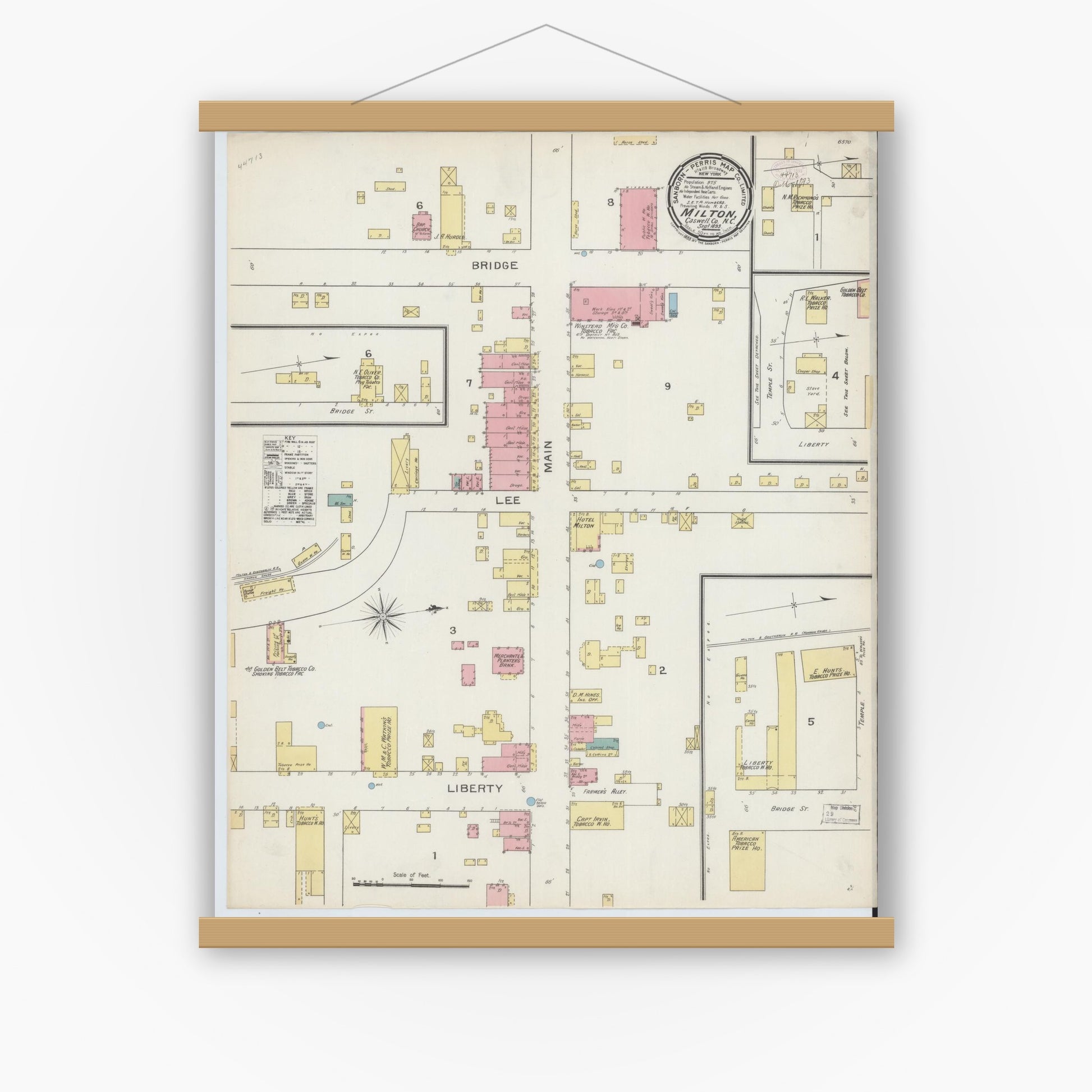 Old map wall art mockup — magnetic wood frame on white wall — Sanborn Fire Insurance Map from Milton, Caswell County, North Carolina (1893), Sheet #0001