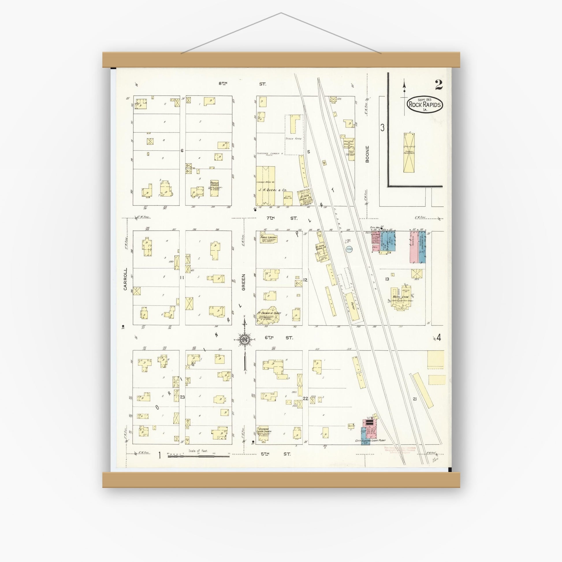 Old map wall art mockup — magnetic wood frame on white wall — Sanborn Fire Insurance Map from Rock Rapids, Lyon County, Iowa (1913), Sheet #0002