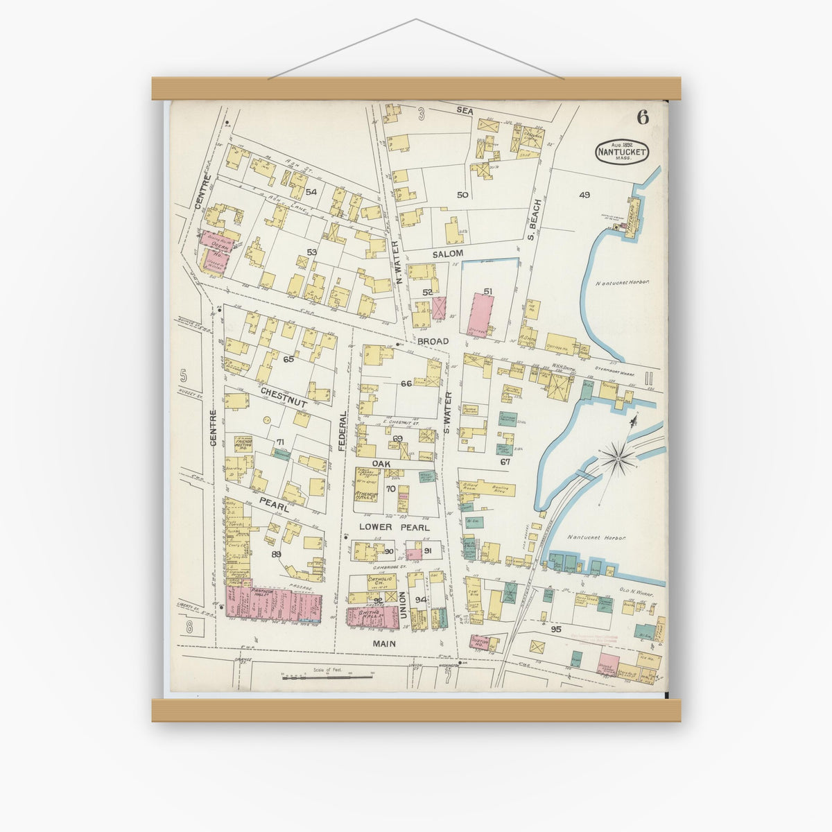 Old map wall art mockup — magnetic wood frame on white wall — Sanborn Fire Insurance Map from Nantucket, Nantucket County, Massachusetts (1892), Sheet #0006