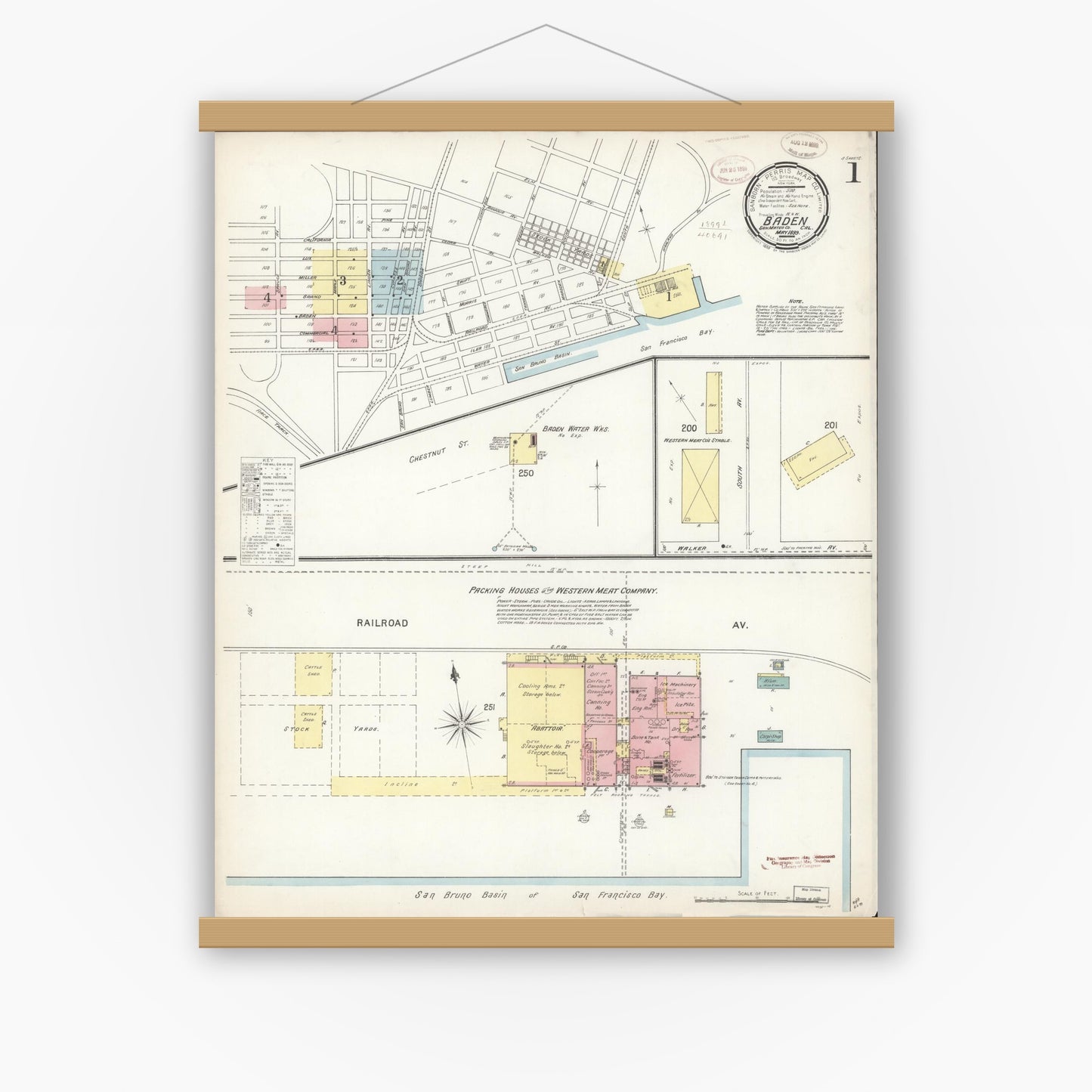 Old map wall art mockup — magnetic wood frame on white wall — Sanborn Fire Insurance Map from Baden, San Mateo County, California (1899), Sheet #0001