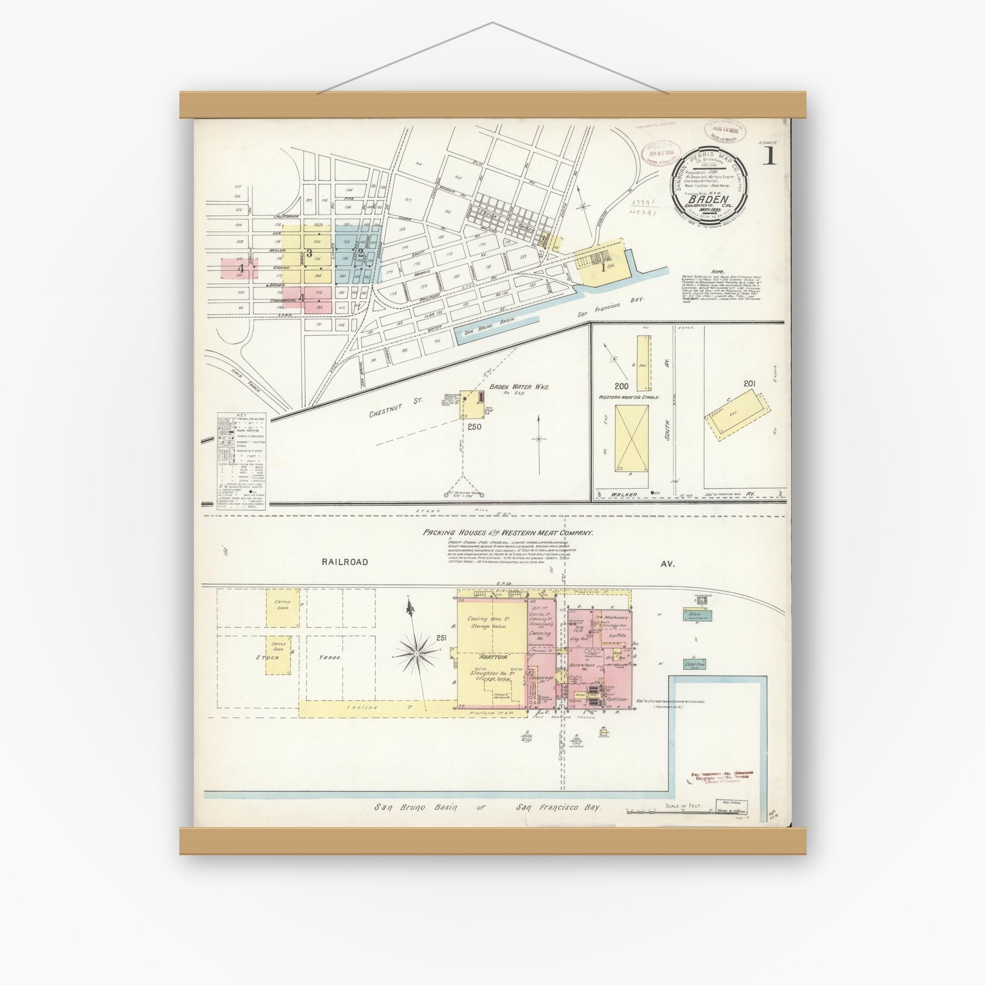 Old map wall art mockup — magnetic wood frame on white wall — Sanborn Fire Insurance Map from Baden, San Mateo County, California (1899), Sheet #0001