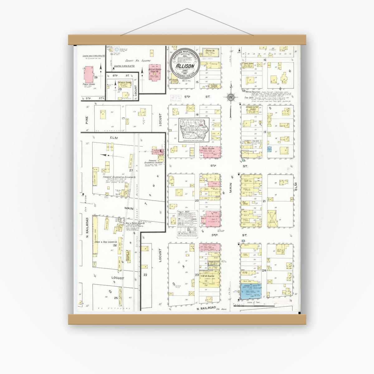 Old map wall art mockup — magnetic wood frame on white wall — Sanborn Fire Insurance Map from Allison, Butler County, Iowa (1915), Sheet #0001