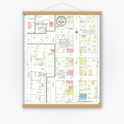 Old map wall art mockup — magnetic wood frame on white wall — Sanborn Fire Insurance Map from Allison, Butler County, Iowa (1915), Sheet #0001