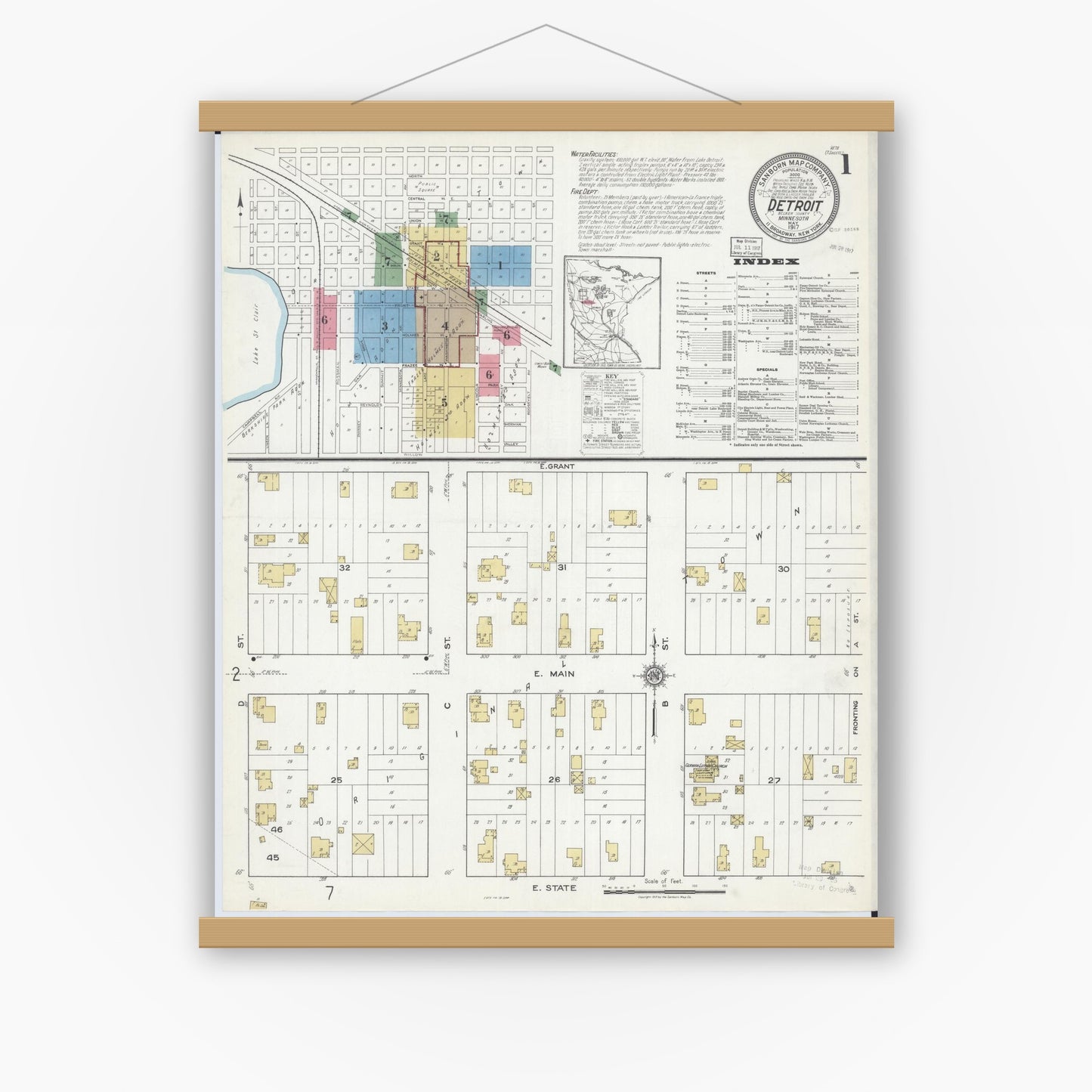 Old map wall art mockup — magnetic wood frame on white wall — Sanborn Fire Insurance Map from Detroit Lakes, Becker County, Minnesota (1917), Sheet #0001