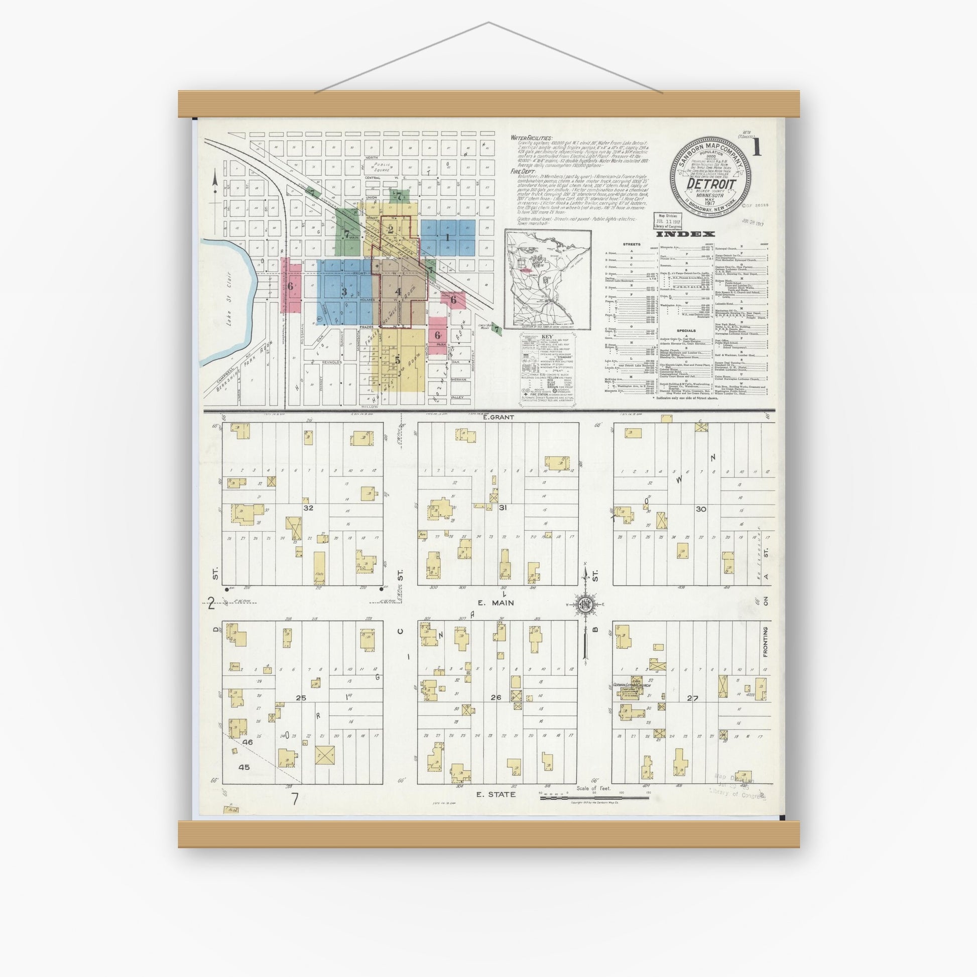 Old map wall art mockup — magnetic wood frame on white wall — Sanborn Fire Insurance Map from Detroit Lakes, Becker County, Minnesota (1917), Sheet #0001