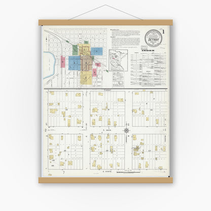 Old map wall art mockup — magnetic wood frame on white wall — Sanborn Fire Insurance Map from Detroit Lakes, Becker County, Minnesota (1917), Sheet #0001