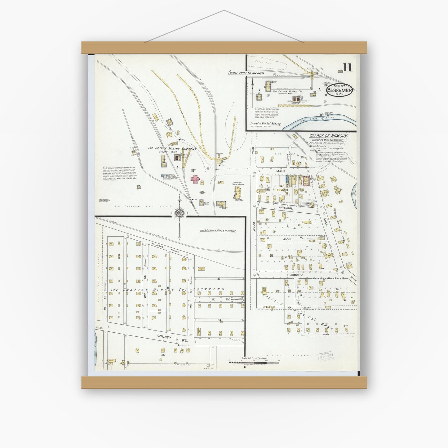 Old map wall art mockup — magnetic wood frame on white wall — Sanborn Fire Insurance Map from Bessemer, Gogebic County, Michigan (1917), Sheet #0011