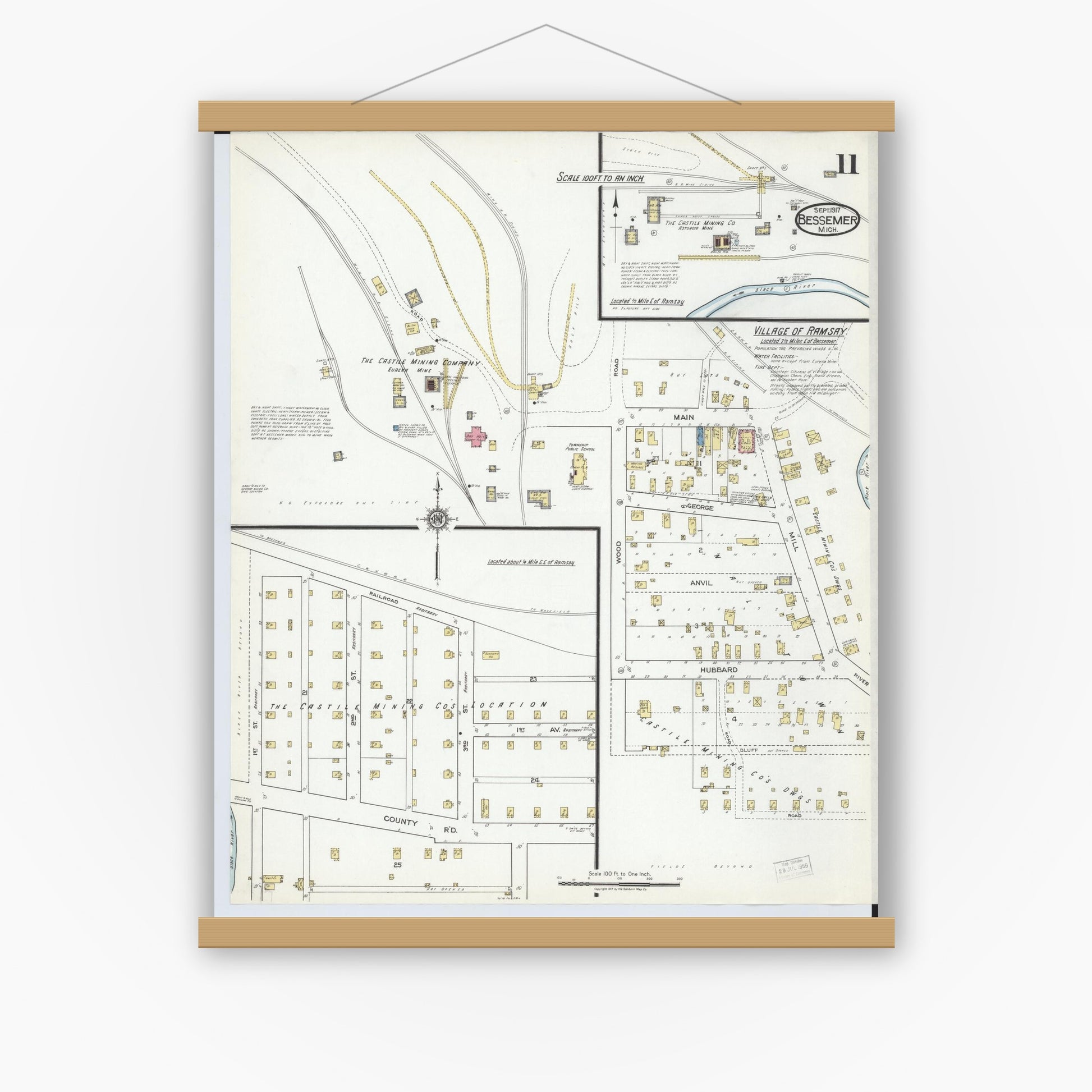 Old map wall art mockup — magnetic wood frame on white wall — Sanborn Fire Insurance Map from Bessemer, Gogebic County, Michigan (1917), Sheet #0011