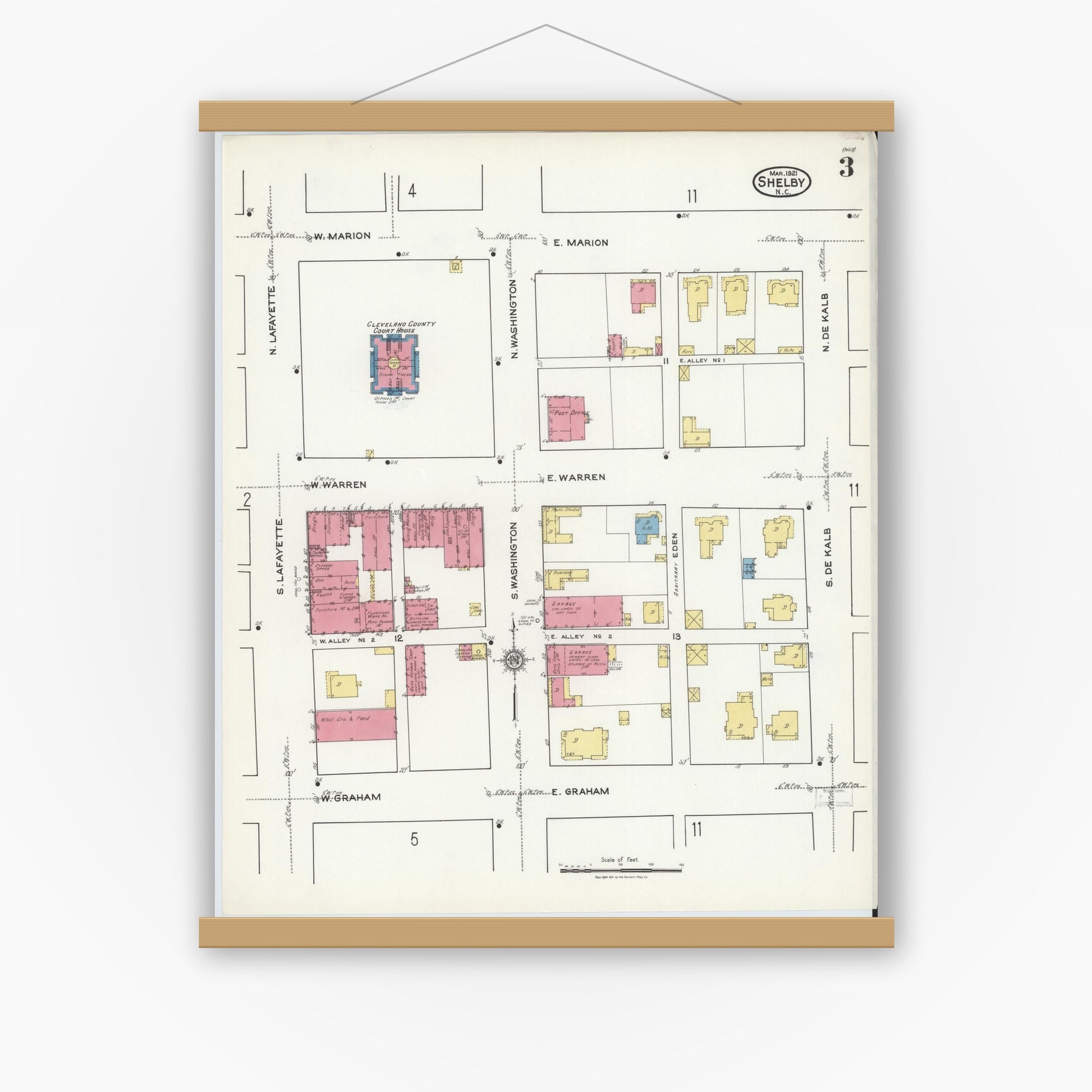 Old map wall art mockup — magnetic wood frame on white wall — Sanborn Fire Insurance Map from Shelby, Cleveland County, North Carolina (1921), Sheet #0003