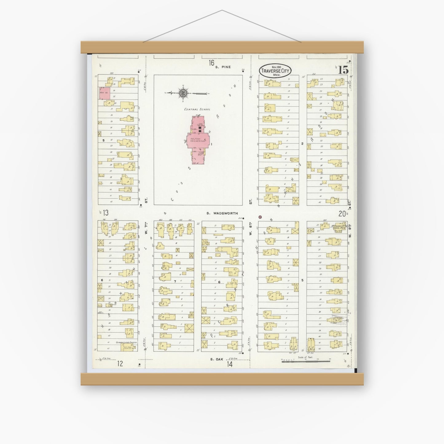 Old map wall art mockup — magnetic wood frame on white wall — Sanborn Fire Insurance Map from Traverse City, Grand Traverse County, Michigan (1910), Sheet #0015
