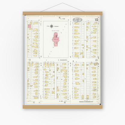 Old map wall art mockup — magnetic wood frame on white wall — Sanborn Fire Insurance Map from Traverse City, Grand Traverse County, Michigan (1910), Sheet #0015
