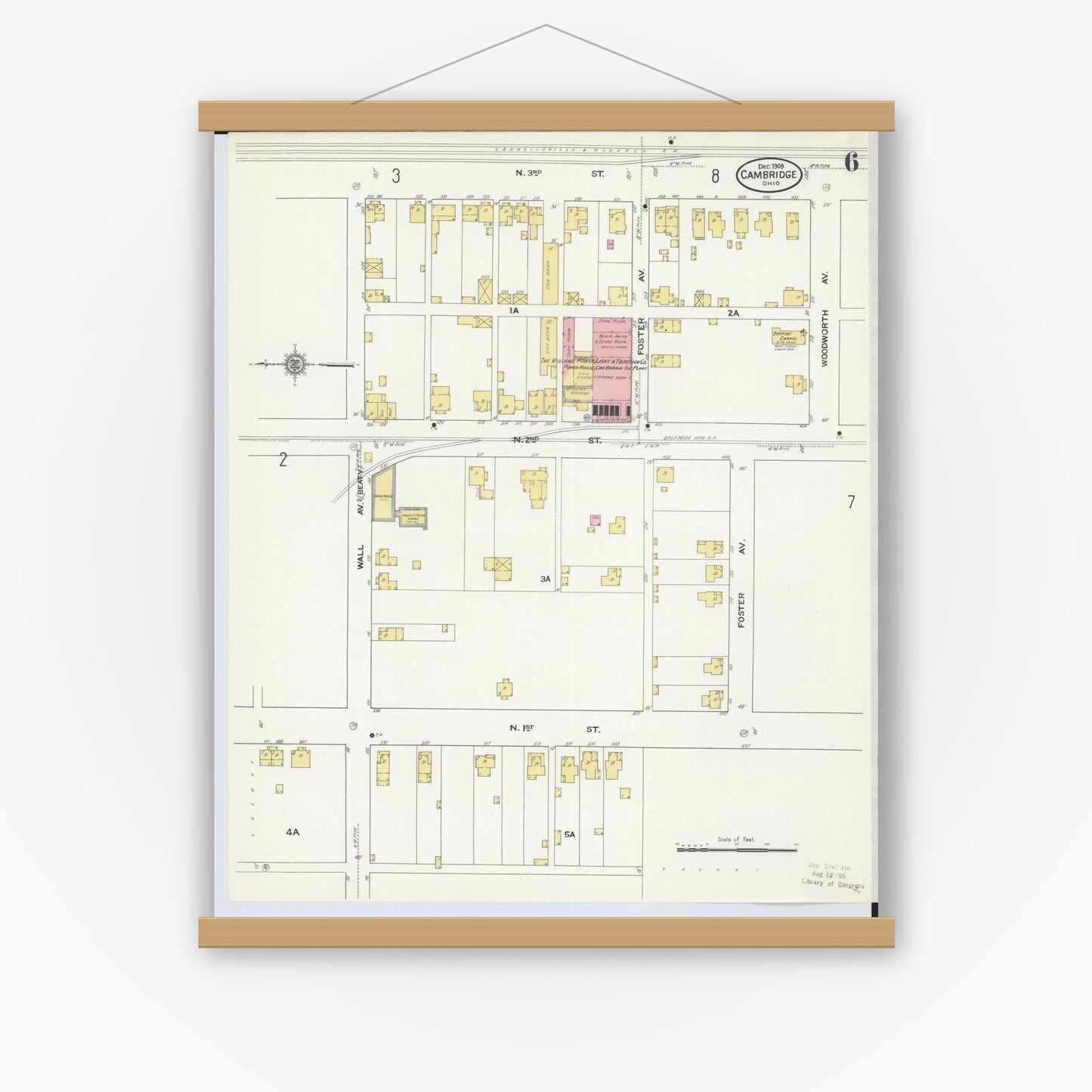 Old map wall art mockup — magnetic wood frame on white wall — Sanborn Fire Insurance Map from Cambridge, Guernsey County, Ohio (1909), Sheet #0006