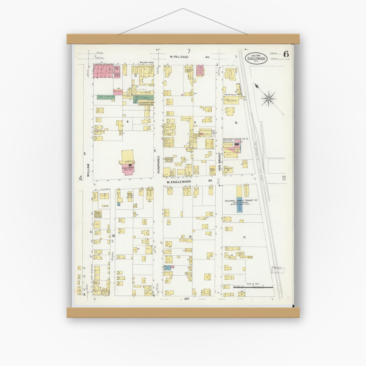 Old map wall art mockup — magnetic wood frame on white wall — Sanborn Fire Insurance Map from Englewood, Bergen County, New Jersey (1908), Sheet #0006