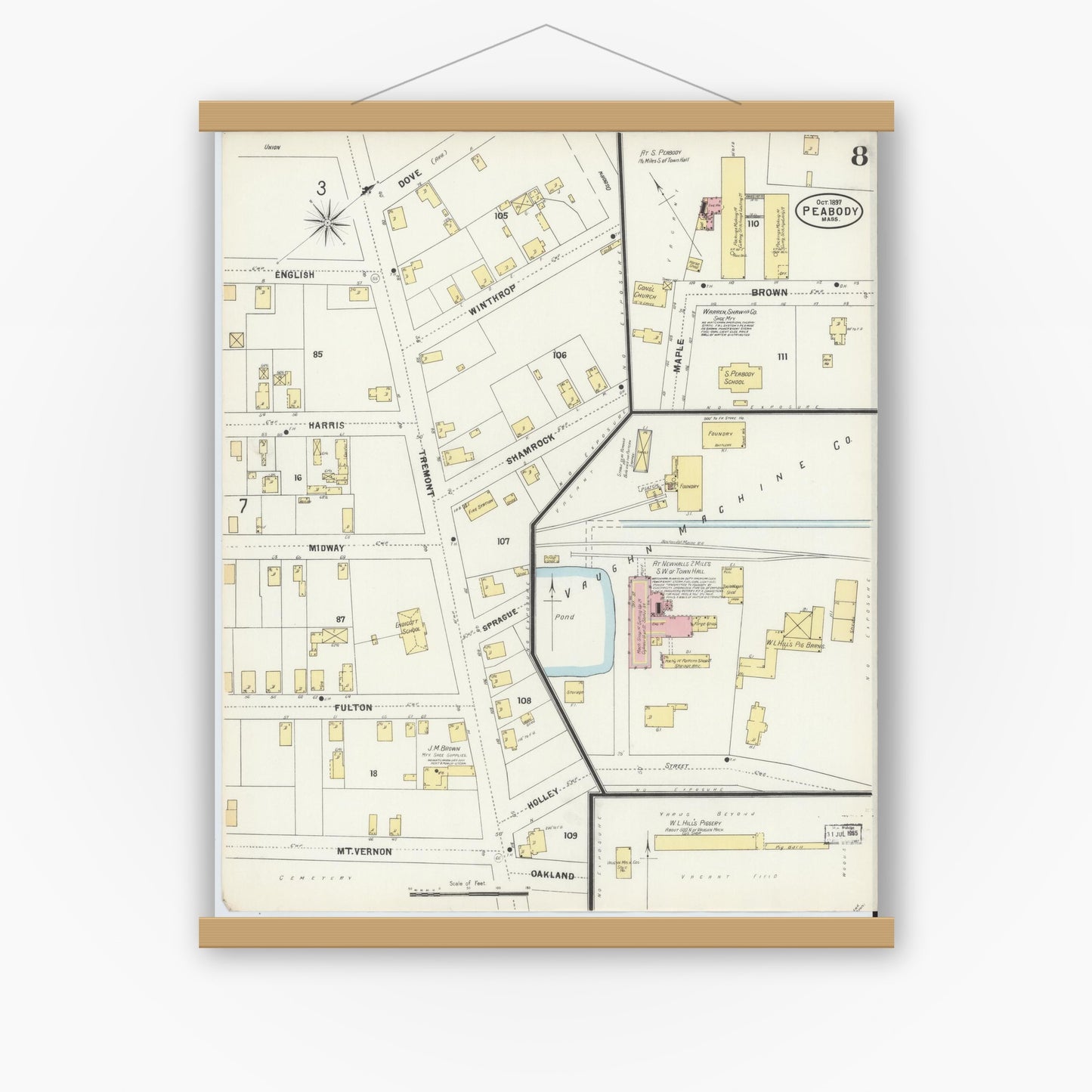 Old map wall art mockup — magnetic wood frame on white wall — Sanborn Fire Insurance Map from Peabody, Essex County, Massachusetts (1897), Sheet #0008