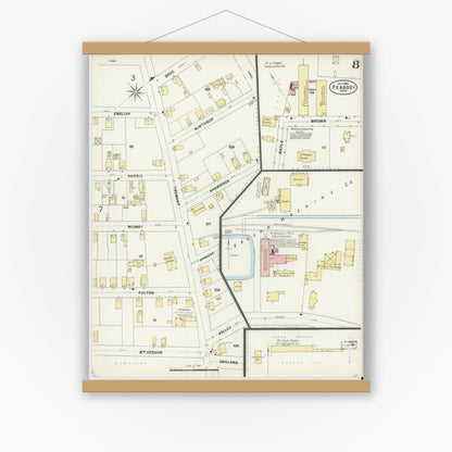 Old map wall art mockup — magnetic wood frame on white wall — Sanborn Fire Insurance Map from Peabody, Essex County, Massachusetts (1897), Sheet #0008