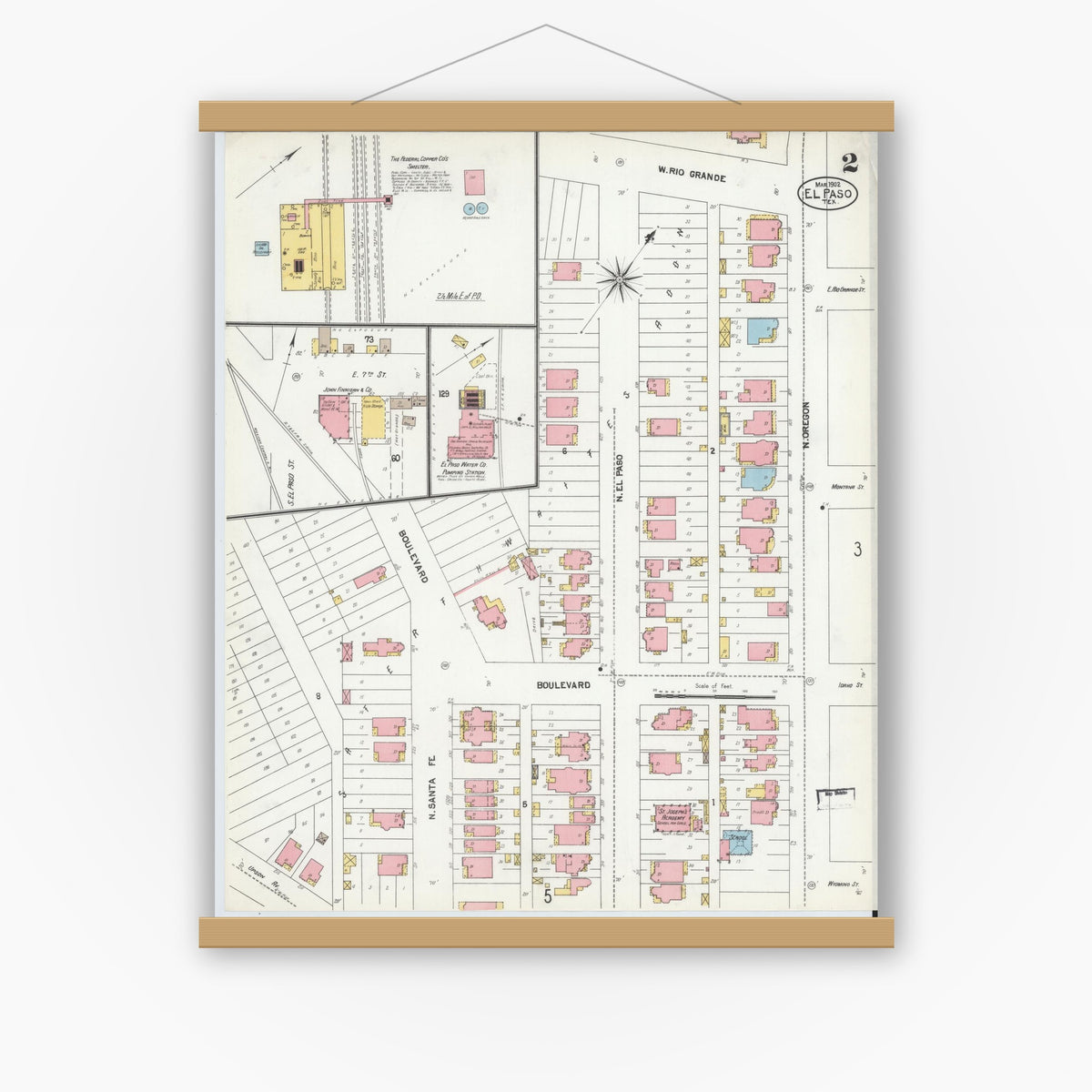 Old map wall art mockup — magnetic wood frame on white wall — Sanborn Fire Insurance Map from El Paso, El Paso County, Texas (1902), Sheet #0002