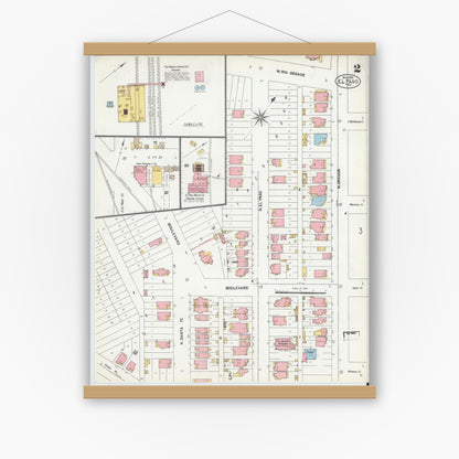 Old map wall art mockup — magnetic wood frame on white wall — Sanborn Fire Insurance Map from El Paso, El Paso County, Texas (1902), Sheet #0002