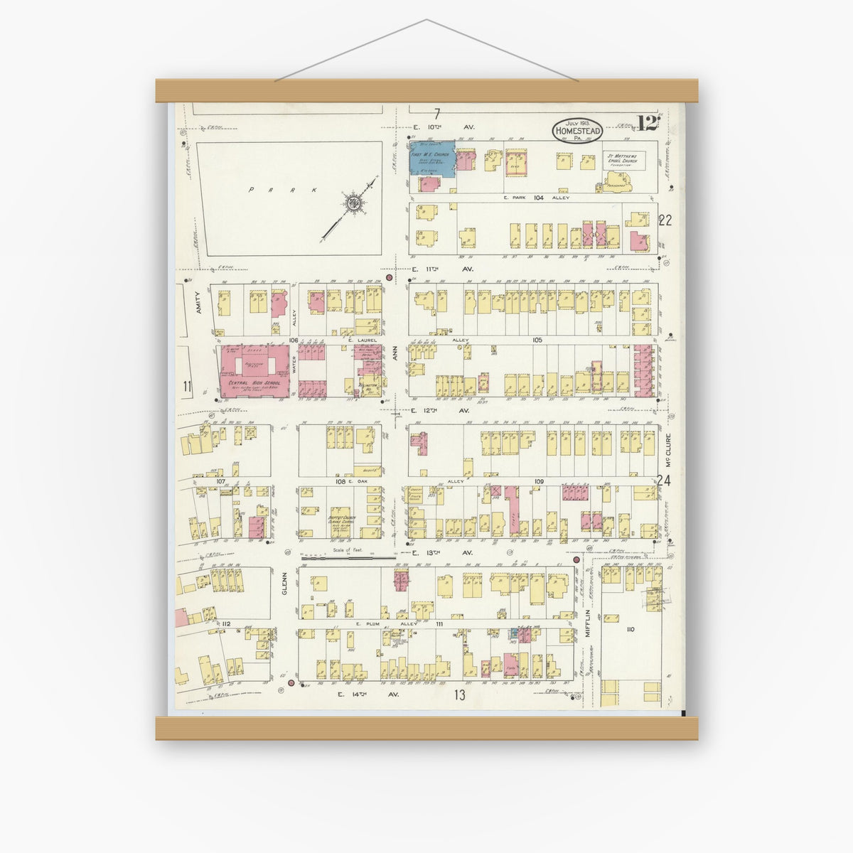 Old map wall art mockup — magnetic wood frame on white wall — Sanborn Fire Insurance Map from Homestead, Allegheny County, Pennsylvania (1913), Sheet #0012