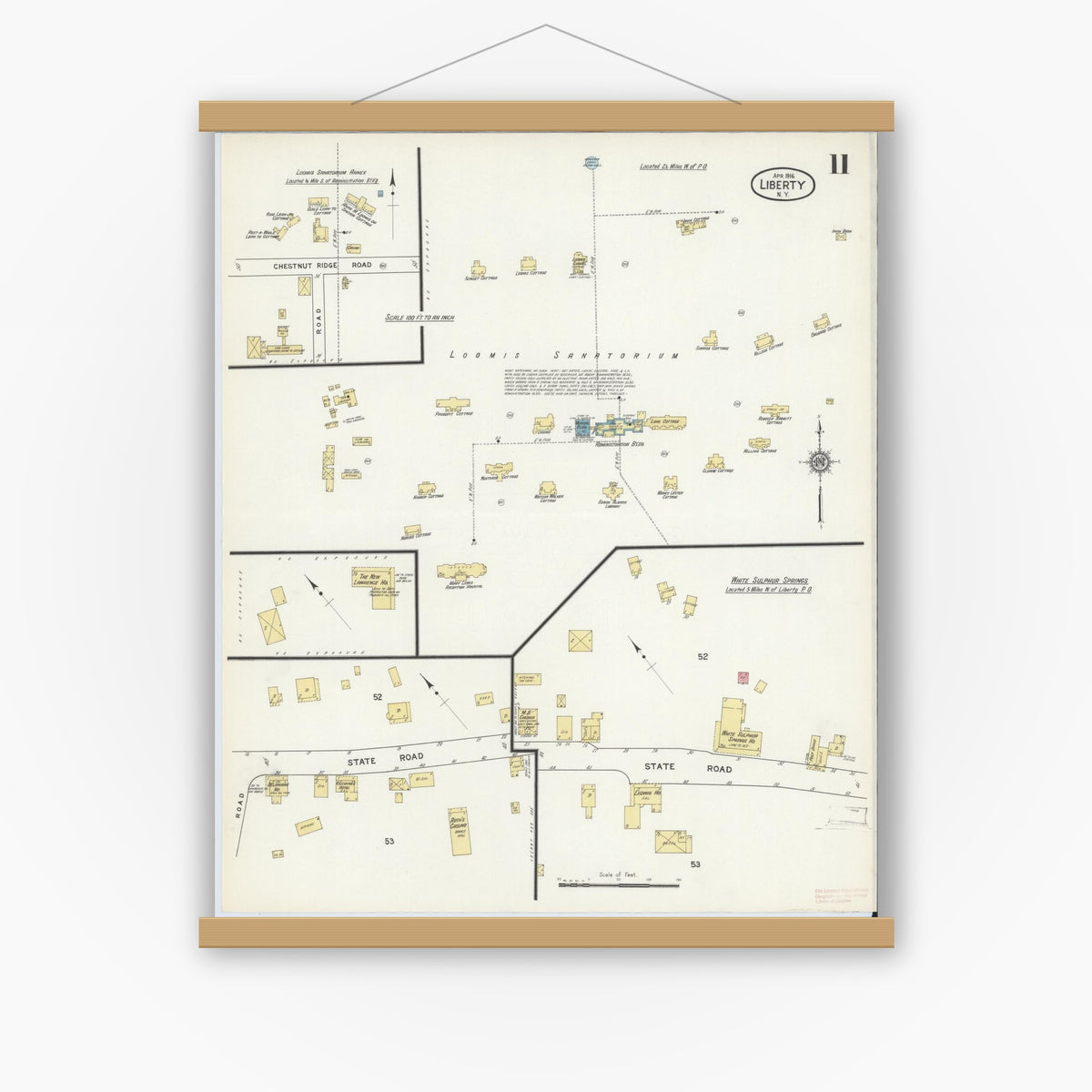 Old map wall art mockup — magnetic wood frame on white wall — Sanborn Fire Insurance Map from Liberty, Sullivan County, New York (1916), Sheet #0011