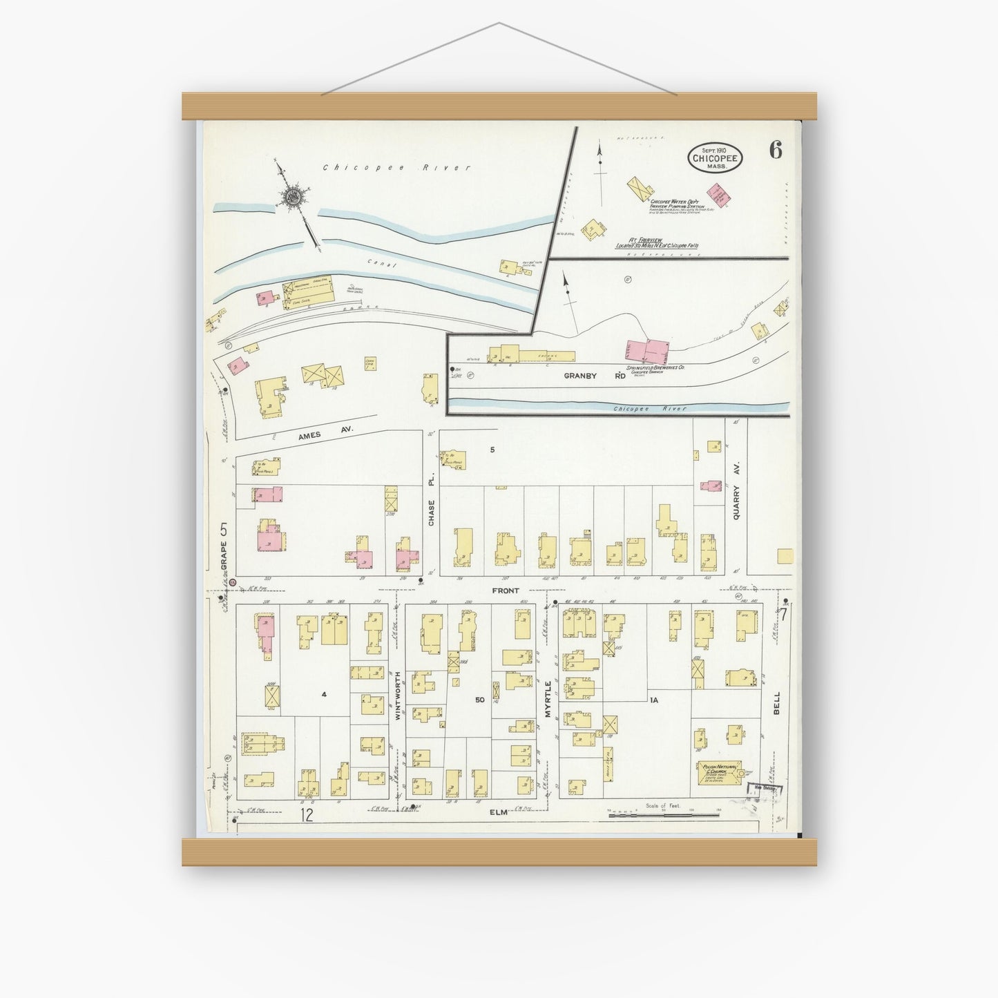 Old map wall art mockup — magnetic wood frame on white wall — Sanborn Fire Insurance Map from Chicopee, Hampden County, Massachusetts (1910), Sheet #0006