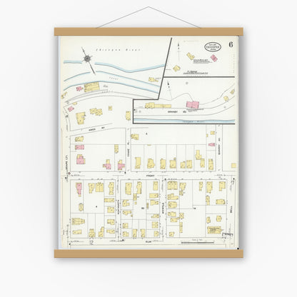 Old map wall art mockup — magnetic wood frame on white wall — Sanborn Fire Insurance Map from Chicopee, Hampden County, Massachusetts (1910), Sheet #0006