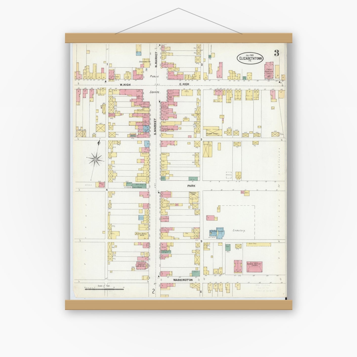 Old map wall art mockup — magnetic wood frame on white wall — Sanborn Fire Insurance Map from Elizabethtown, Lancaster County, Pennsylvania (1902), Sheet #0003