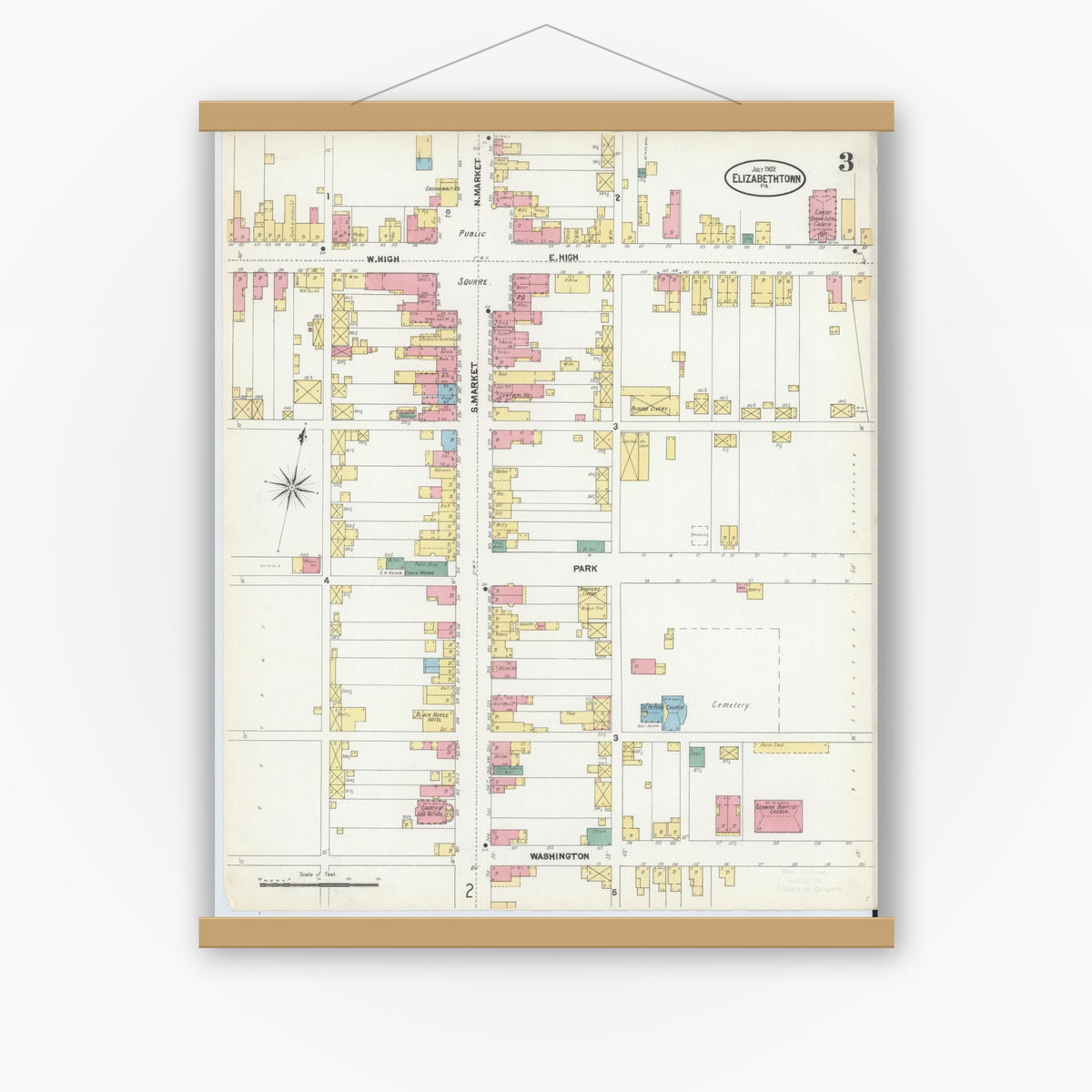 Old map wall art mockup — magnetic wood frame on white wall — Sanborn Fire Insurance Map from Elizabethtown, Lancaster County, Pennsylvania (1902), Sheet #0003