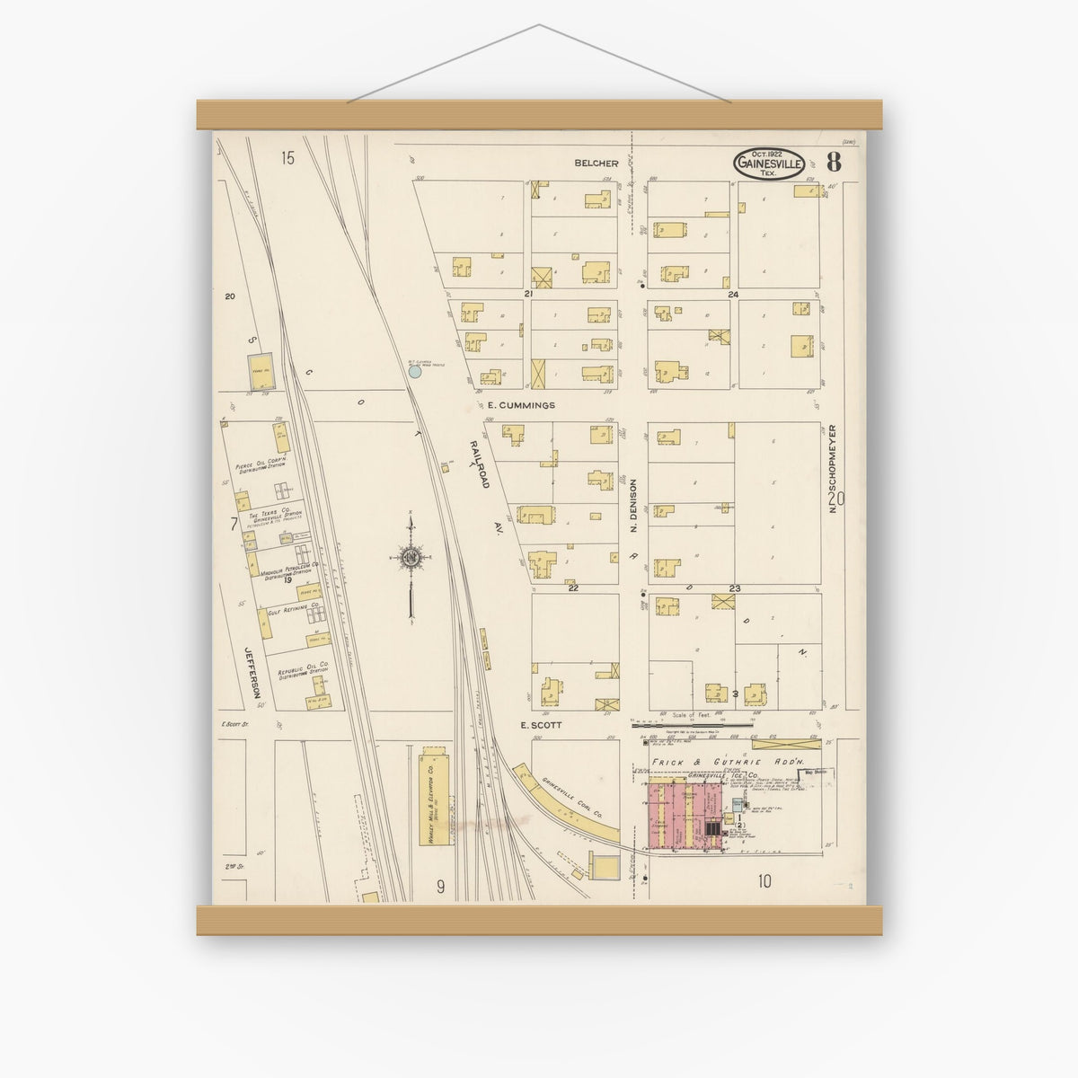 Old map wall art mockup — magnetic wood frame on white wall — Sanborn Fire Insurance Map from Gainesville, Cooke County, Texas (1922), Sheet #0008