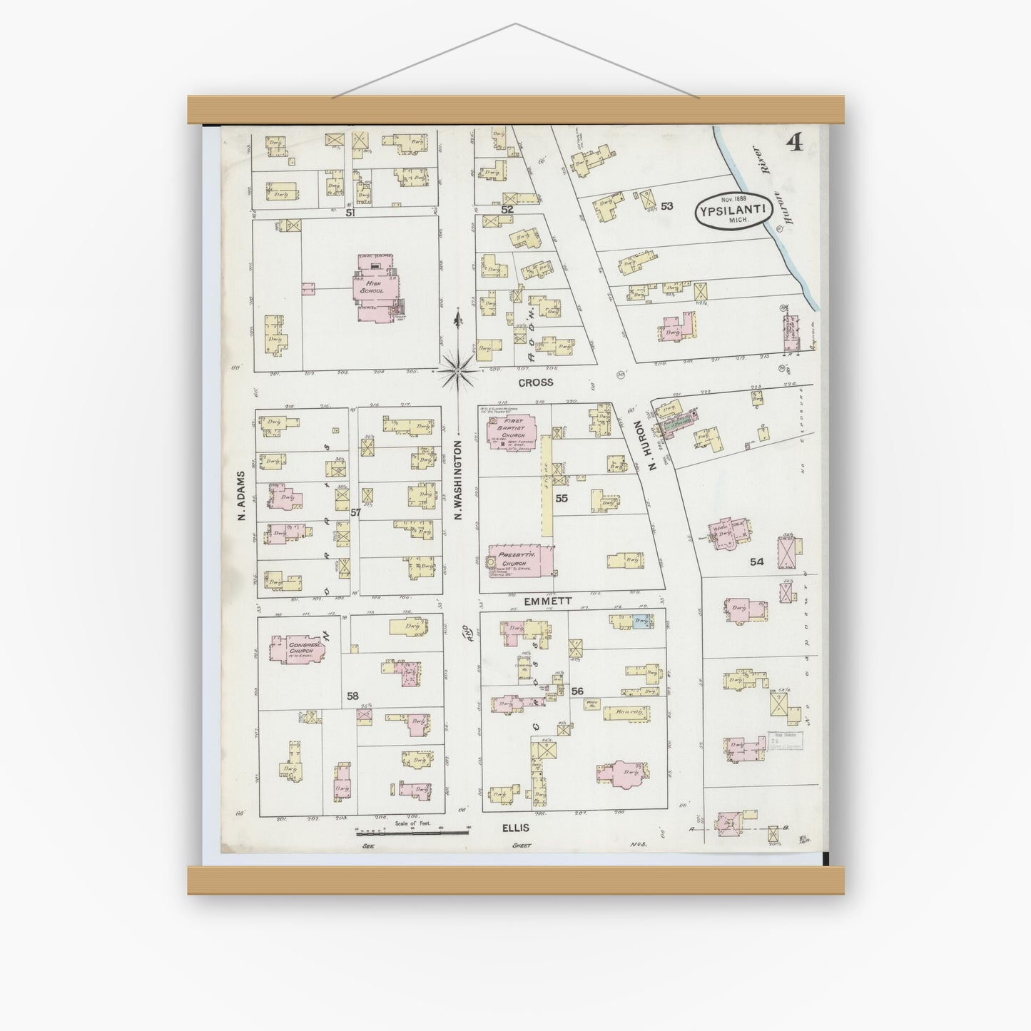 Old map wall art mockup — magnetic wood frame on white wall — Sanborn Fire Insurance Map from Ypsilanti, Washtenaw County, Michigan (1888), Sheet #0004