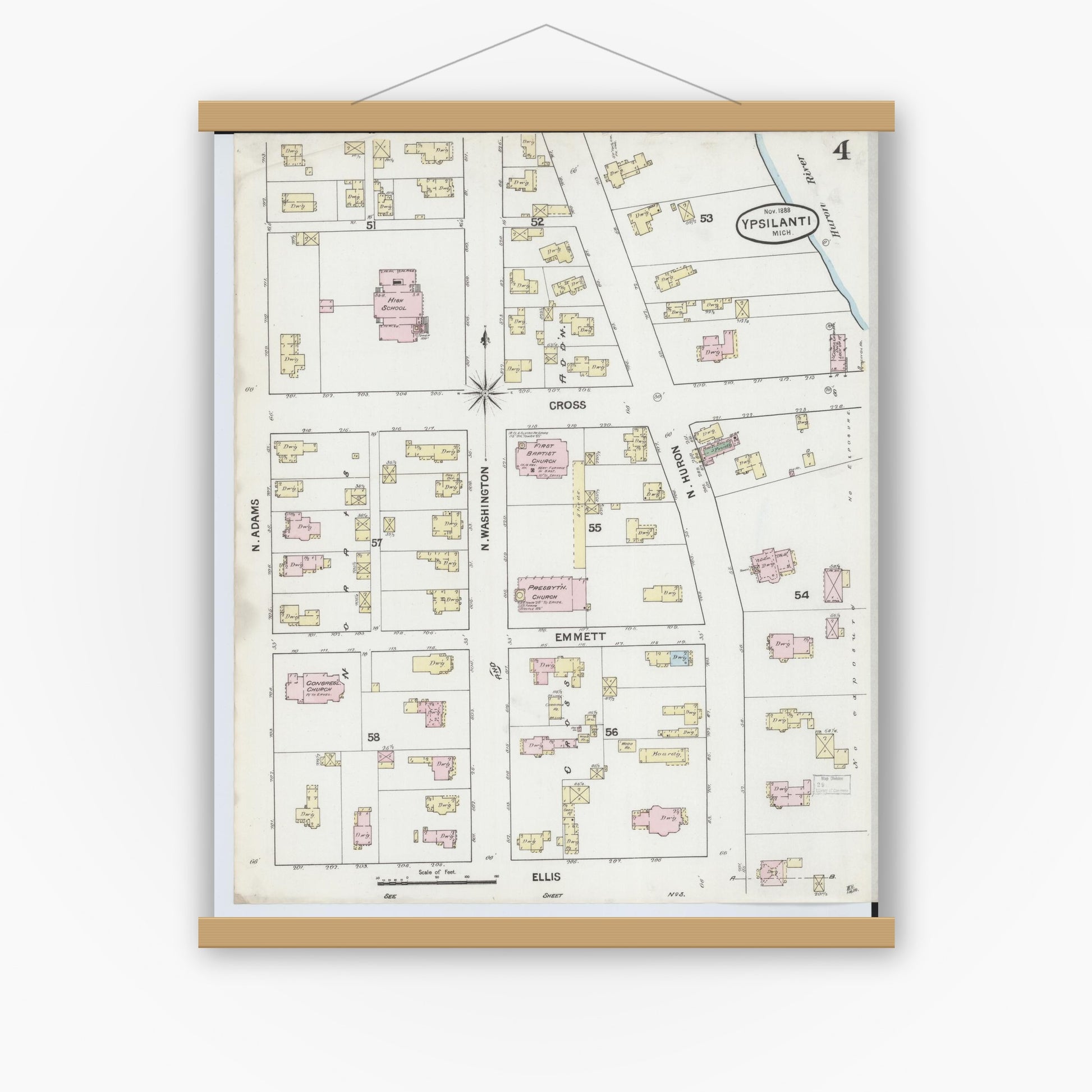 Old map wall art mockup — magnetic wood frame on white wall — Sanborn Fire Insurance Map from Ypsilanti, Washtenaw County, Michigan (1888), Sheet #0004
