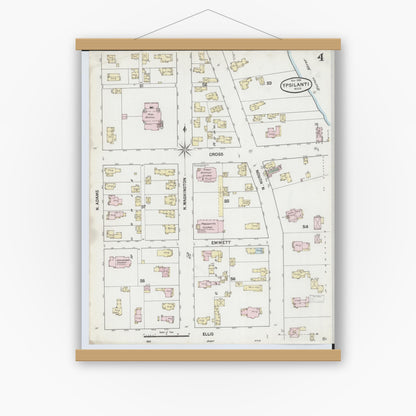 Old map wall art mockup — magnetic wood frame on white wall — Sanborn Fire Insurance Map from Ypsilanti, Washtenaw County, Michigan (1888), Sheet #0004