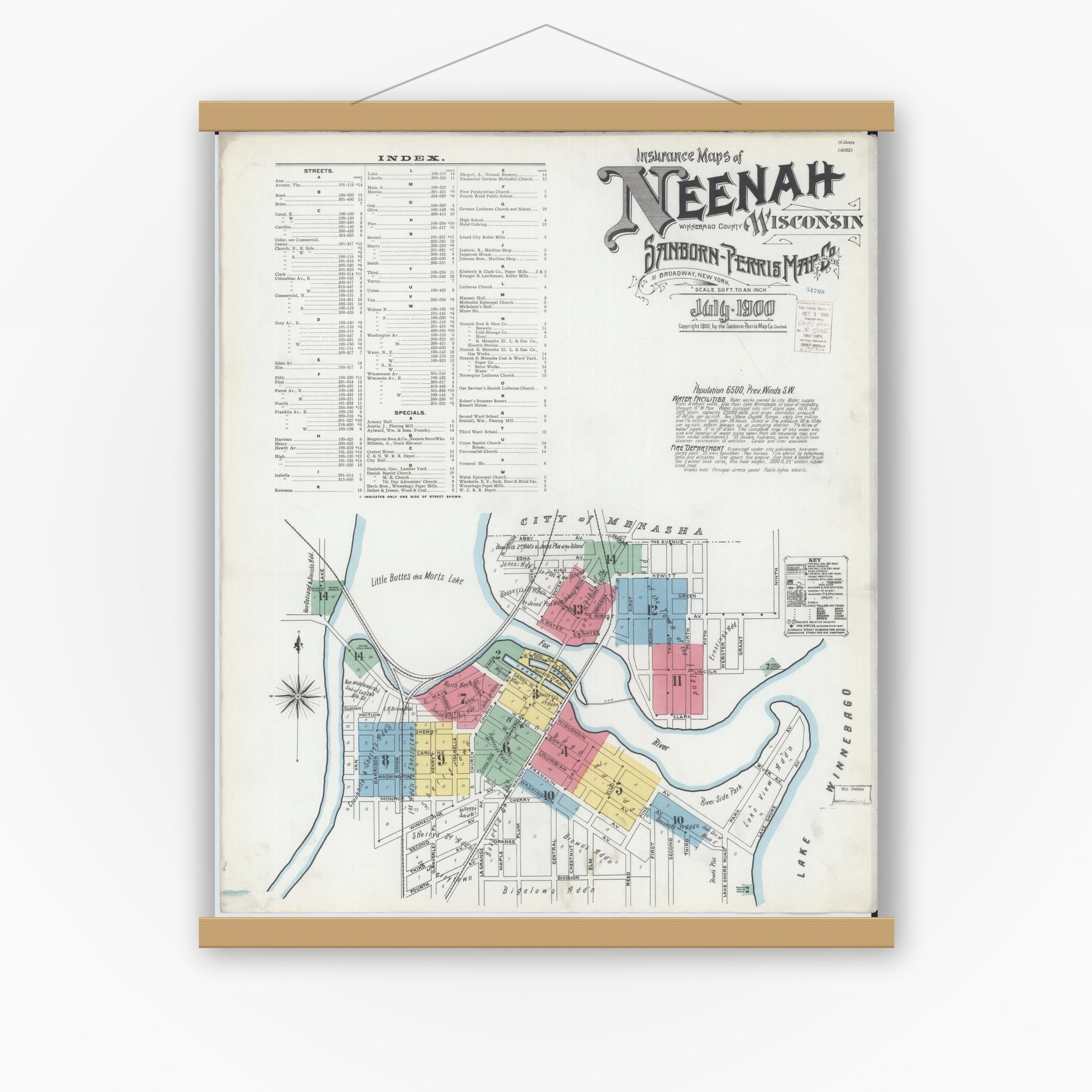 Old map wall art mockup — magnetic wood frame on white wall — Sanborn Fire Insurance Map from Neenah, Winnebago County, Wisconsin (1900) - Complete Map Set
