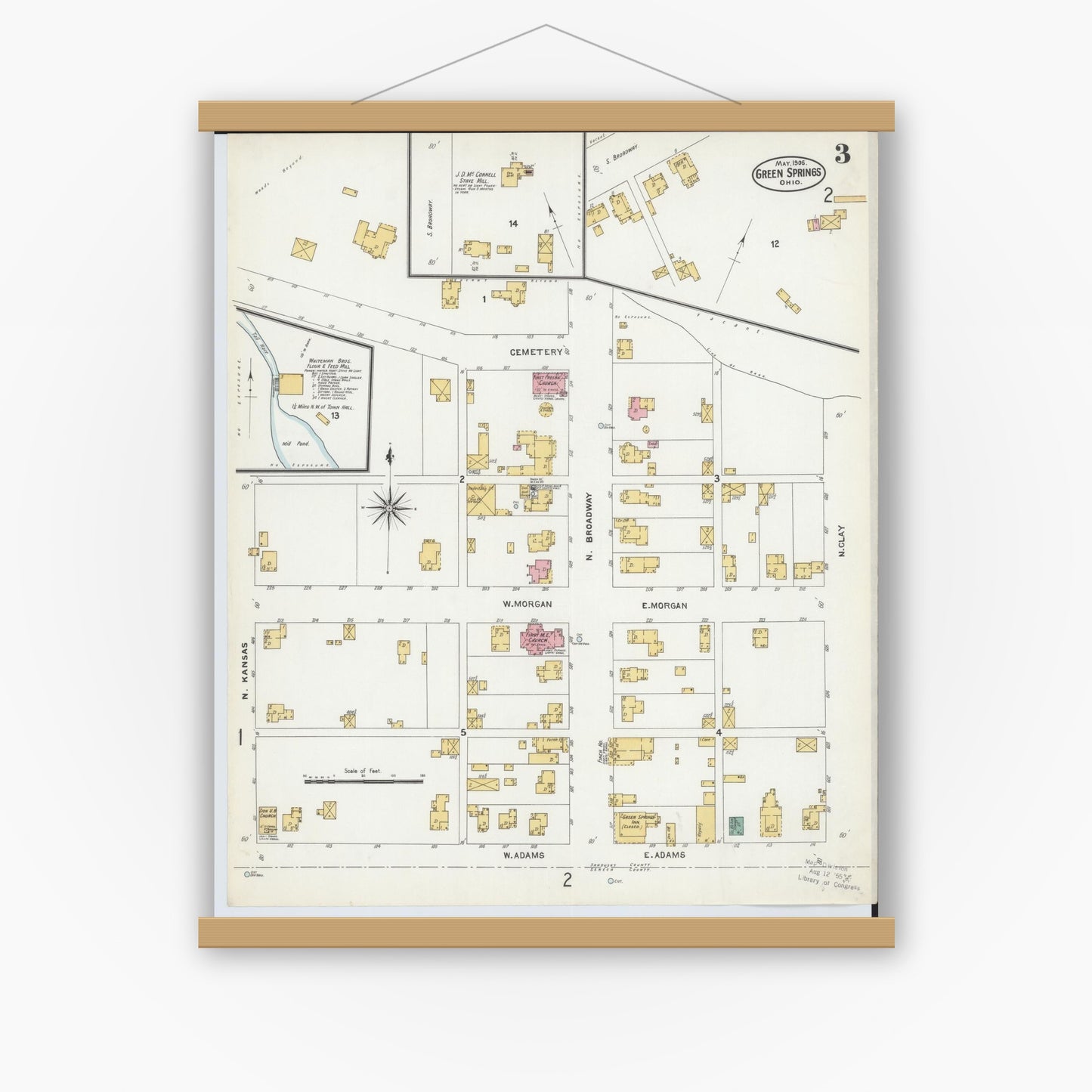 Old map wall art mockup — magnetic wood frame on white wall — Sanborn Fire Insurance Map from Green Springs, Sandusky And Seneca Counties, Ohio (1906), Sheet #0003
